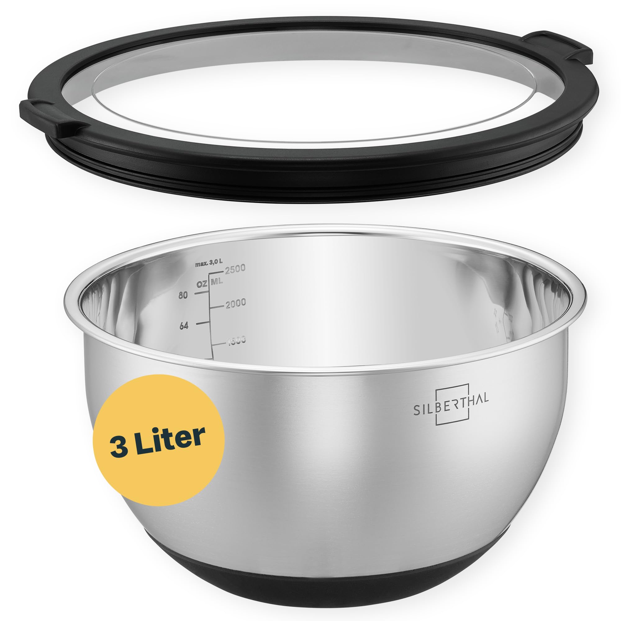 کاسه استیل ضد زنگ سیلبرتال آلمان با درب - کاسه‌های مخلوط کردن 3 لیتری برای سرو، پخت و پز، شیرینی‌پزی، نگهداری - پایه ضد لغزش