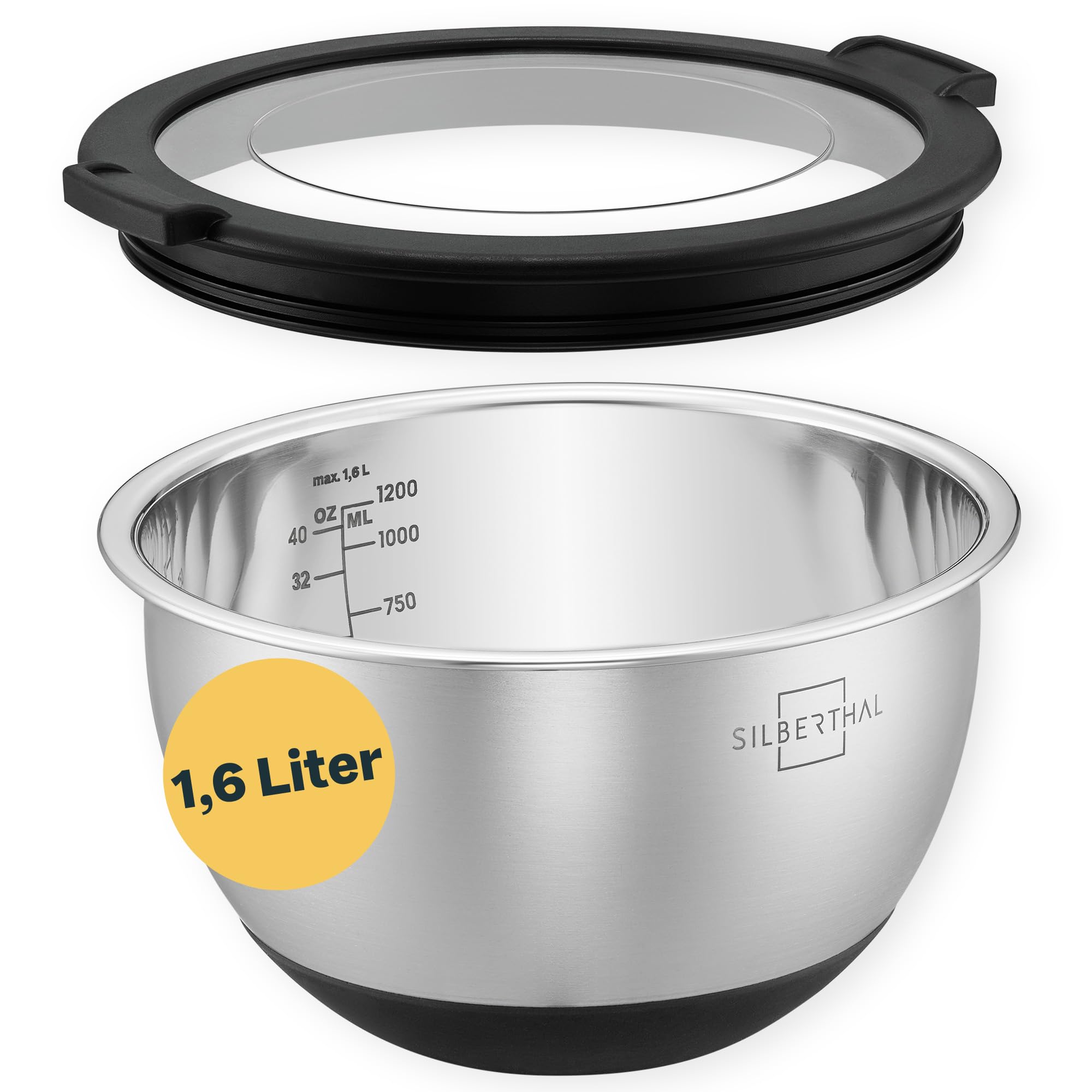 کاسه استیل ضد زنگ سیلبرتال آلمان با درب - کاسه‌های مخلوط کردن ۱.۶ لیتری برای سرو، پخت و پز، شیرینی‌پزی، نگهداری - پایه ضد لغزش