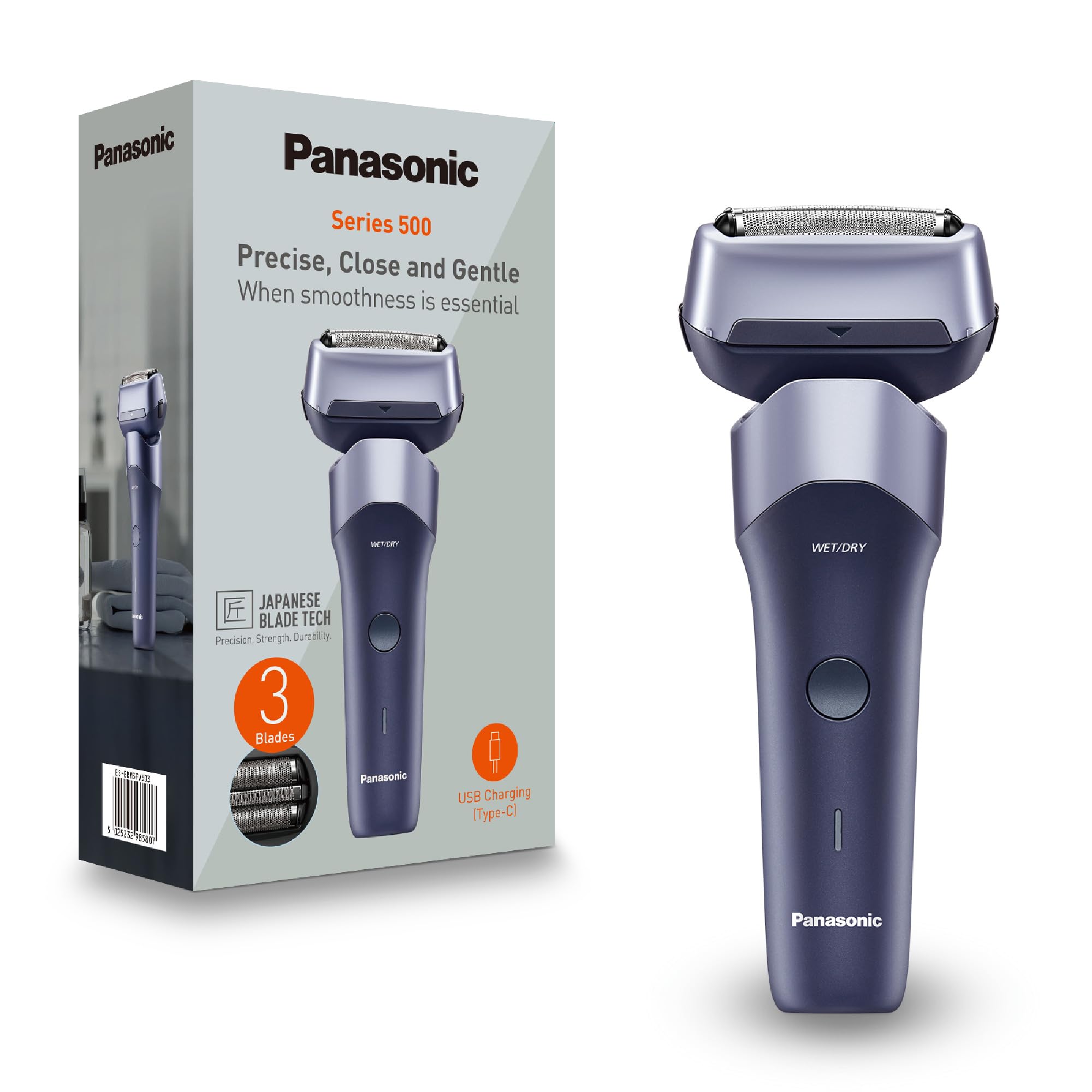 ریش‌تراش سه تیغه پاناسونیک سری ۵۰۰ ES-ERM3FV503 مخصوص اصلاح صورت و بدن، قابل شارژ، استیل ضد زنگ ژاپنی، سر اصلاح انعطاف‌پذیر ۱۰ بعدی، استاندارد IPX7، قابلیت شارژ از طریق پورت USB-C، رنگ بنفش