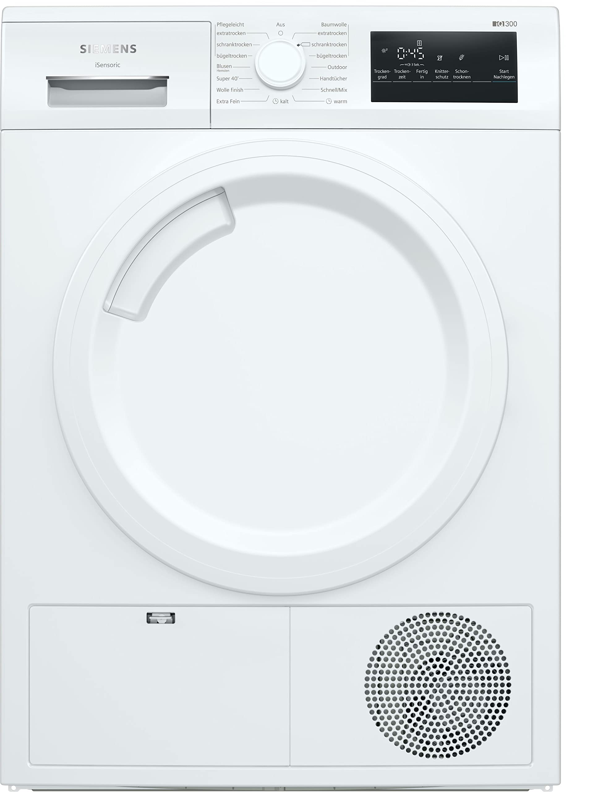 خشک‌کن پمپ حرارتی زیمنس WT43HV03 برای لباس‌های ۷ کیلوگرمی، iQ300، ۲۱۲ کیلووات ساعت در سال، خشک‌کن خودکار، برنامه فضای باز، سفید، easyClean iQ300 تک نفره