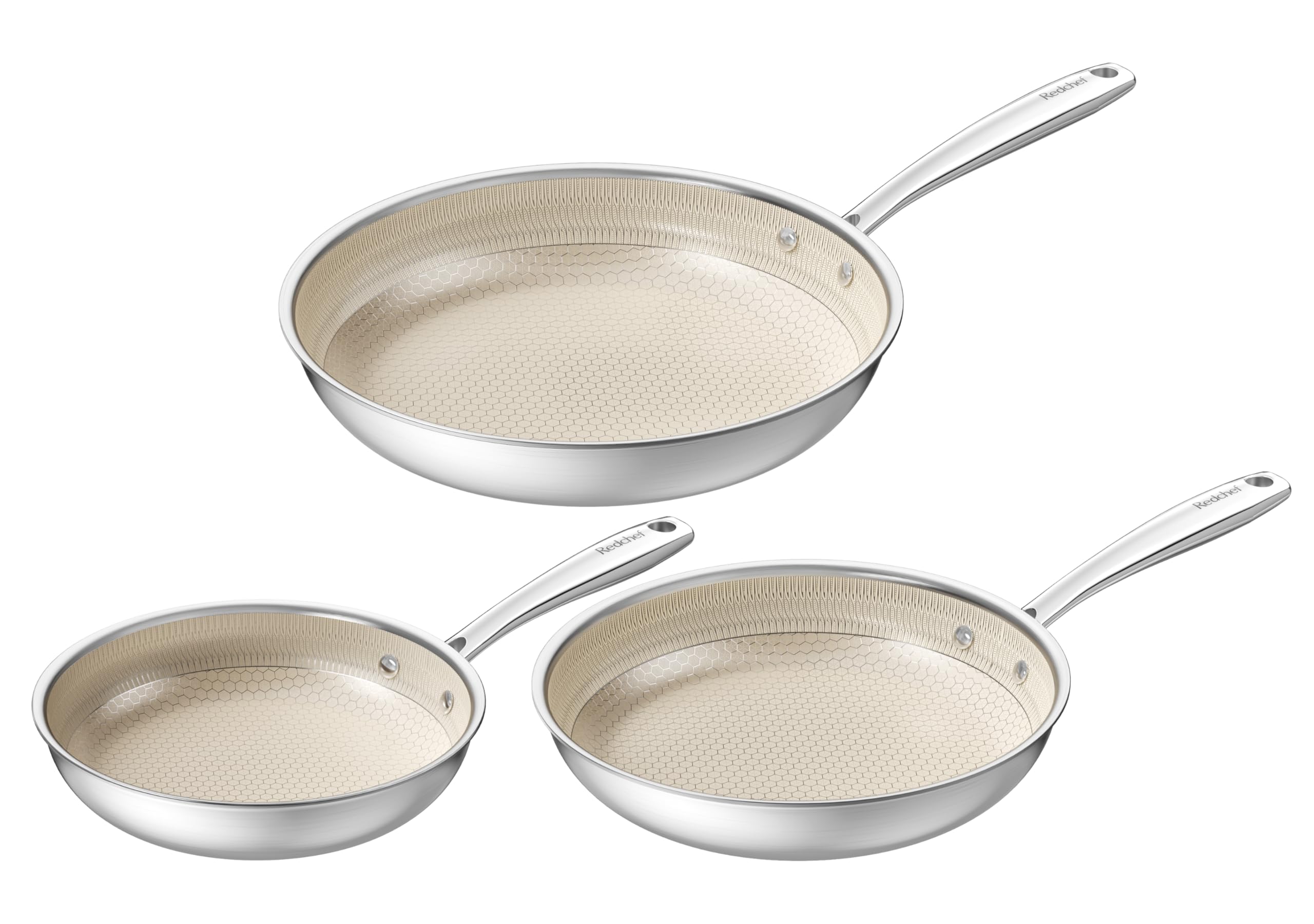 ست تابه ردشف ساختار لانه زنبوری سرامیکی 3 تکه، ماهیتابه 24، 20، 28 سانتی متری، تابه القایی استیل ضد زنگ، ست ماهیتابه بدون PFAS بدون PFOA، ماشین ظرفشویی قابل شستشو در فر