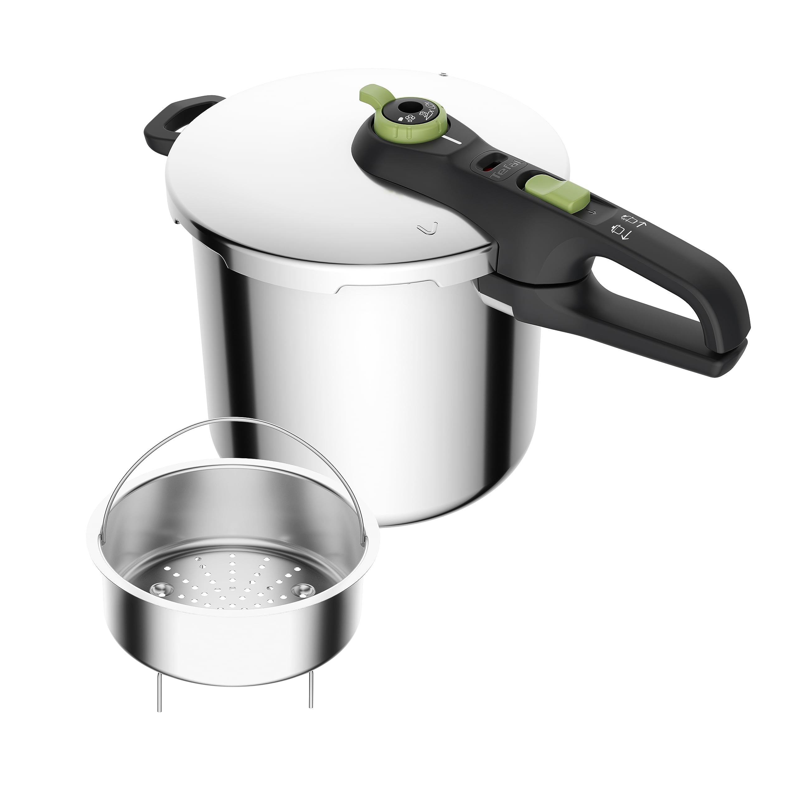 زودپز تفال P2584402 Secure Trendy 8 L با سبد | تنظیم کننده پخت 2 مرحله ای: سطح فشرده 117 درجه سانتی گراد، سطح ملایم 112 درجه سانتی گراد | پایه کپسول القایی | برای انواع اجاق گاز | فولاد ضد زنگ/مشکی/سبز