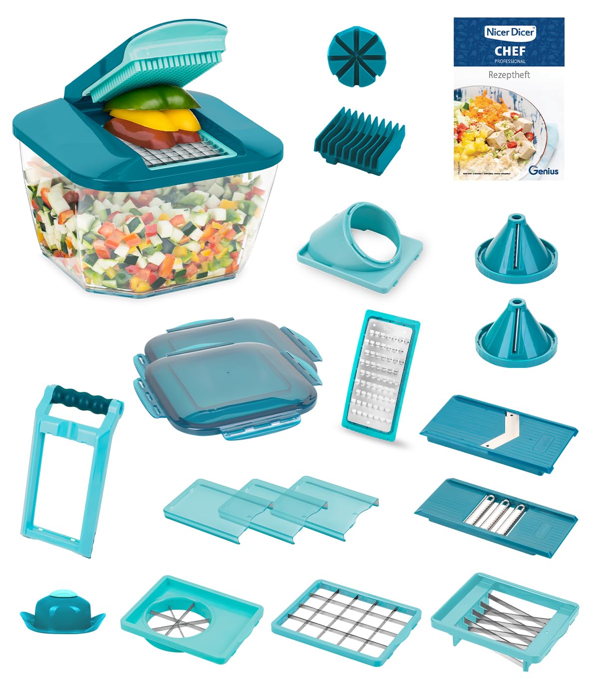 سبزی خرد کن حرفه ای Nicer Dicer Chef 23 پارچه برش دستی سبزیجات با ظرف جمع آوری بزرگ 5.2 لیتری، درب تازه نگه داری، درج های مارپیچ، برش گوجه فرنگی، جولین، سالاد برش با کتاب دستور العمل