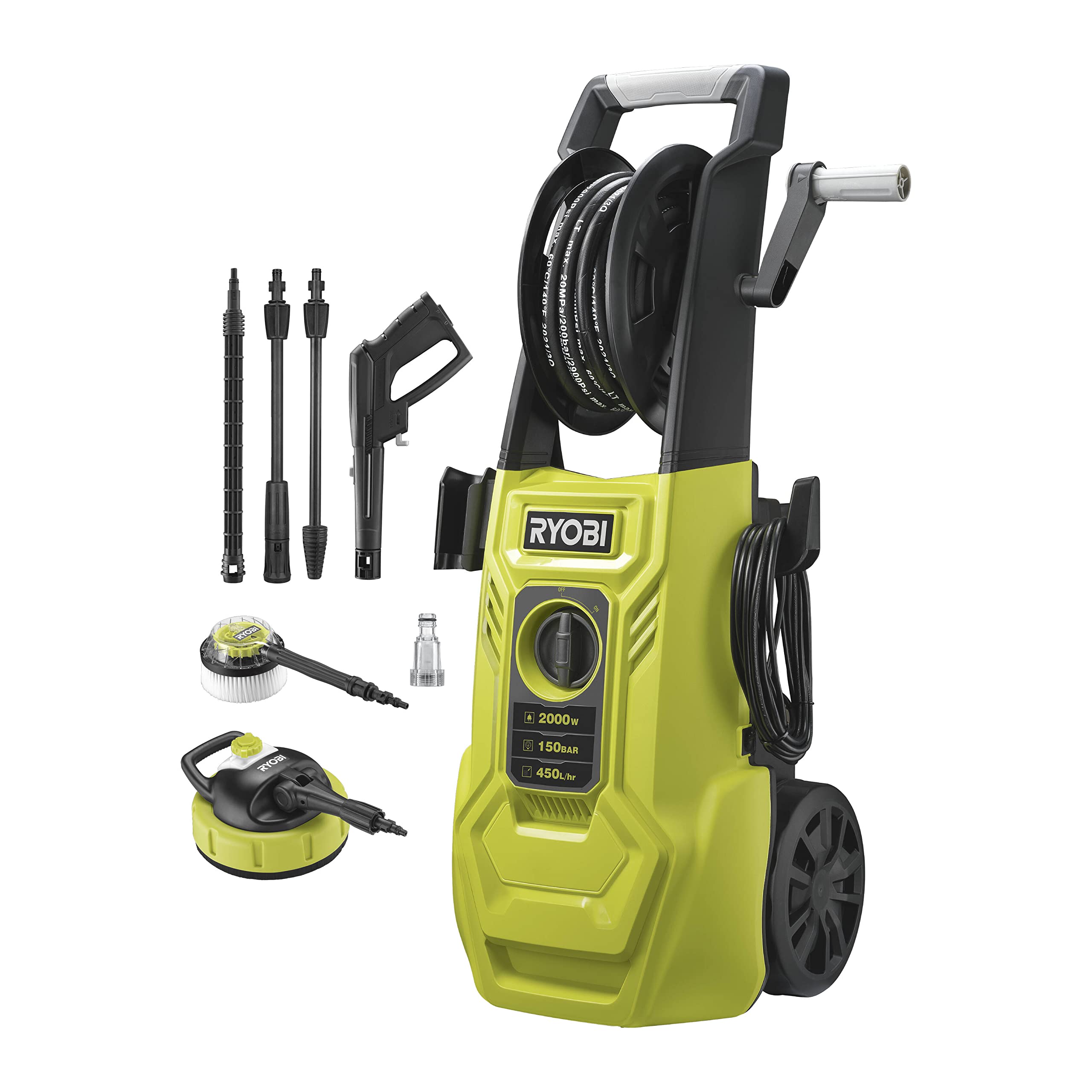کارواش ریوبی ژاپن RYOBI 1800 W RY150PWA (فشار 150 بار، سرعت جریان 450 لیتر در ساعت، دمای آب 40 درجه، پمپ آلومینیومی، شیلنگ تقویت شده با فولاد 8 متر، کابل 5 متر، Vario و توربو لانس، تمیز کننده سطح)