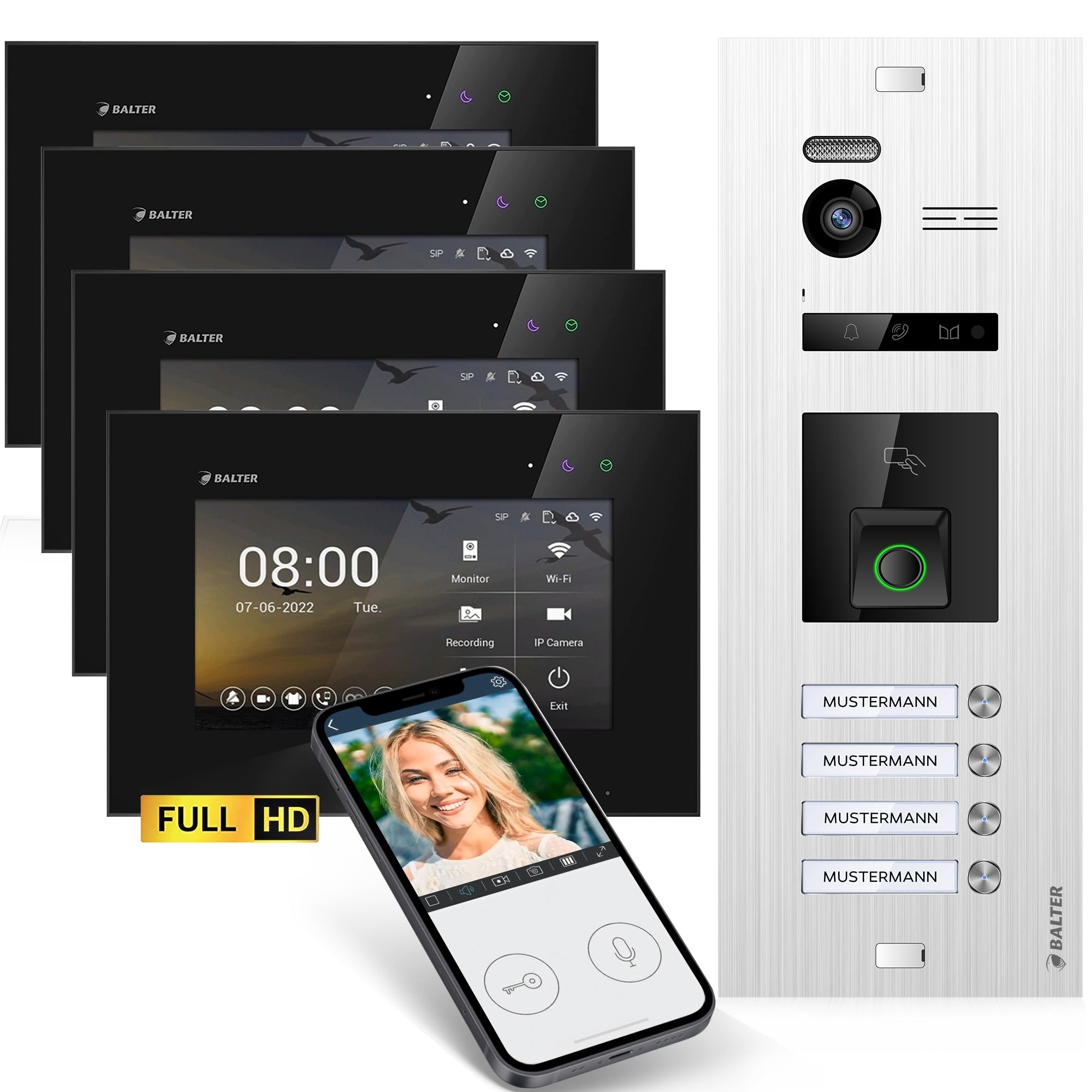 اینترکام درب تصویری Balter EVO-HD با حسگر اثر انگشت، زنگ ویدیویی، اپلیکیشن گوشی هوشمند، خانه 4 خانواده، مانیتور 4 x 7 اینچی، زنگ در با دوربین Full HD، اتوبوس 2 سیم، زاویه عریض 175 درجه، RFID، 1080P