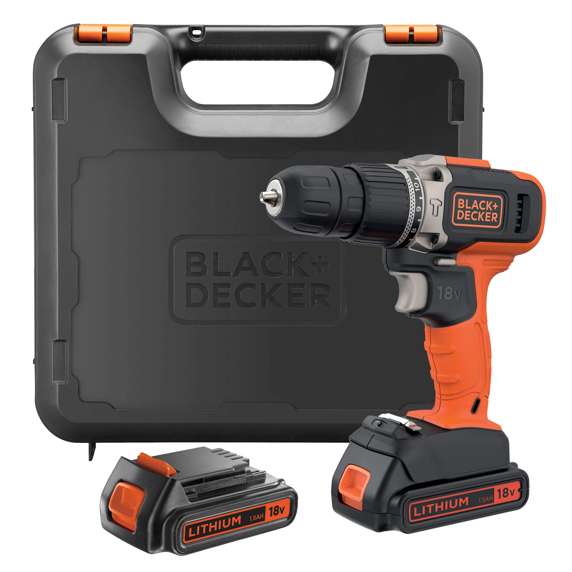 دریل چکشی 2 سرعته شارژی 18 ولتی BLACK+DECKER با دو باتری 1.5 Ah و شارژر 400 میلی آمپری، گشتاور 45 نیوتن متر، چراغ کار LED، BCD003C2K-QW