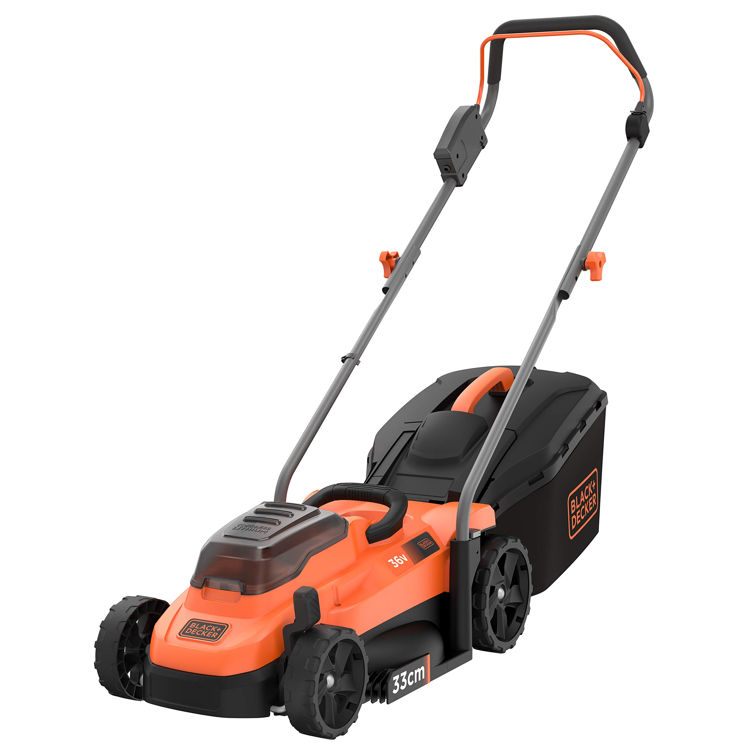چمن زنی شارژی Black+Decker BCMW3336N (36 ولت، عرض برش 33 سانتی متر، برای چمن های متوسط تا 250 متر مربع، تنظیم ارتفاع 5 جهته، چمن گیر 35 لیتری، تحویل بدون باتری و شارژر)