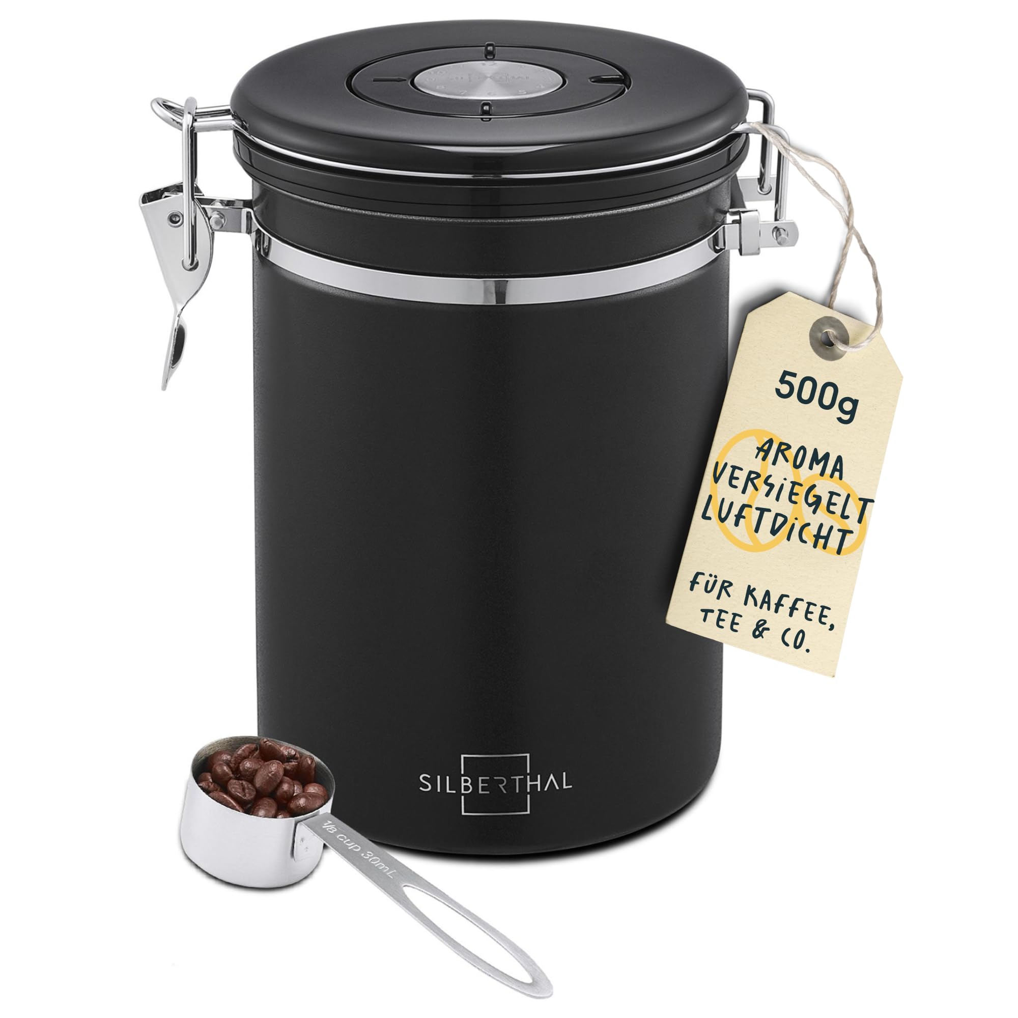 قوطی قهوه سیلبرتال آلمان ۵۰۰ گرمی - محفظه نگهداری دانه و قهوه آسیاب شده ضد بو - شامل شیر CO2 و قاشق مدرج - مشکی