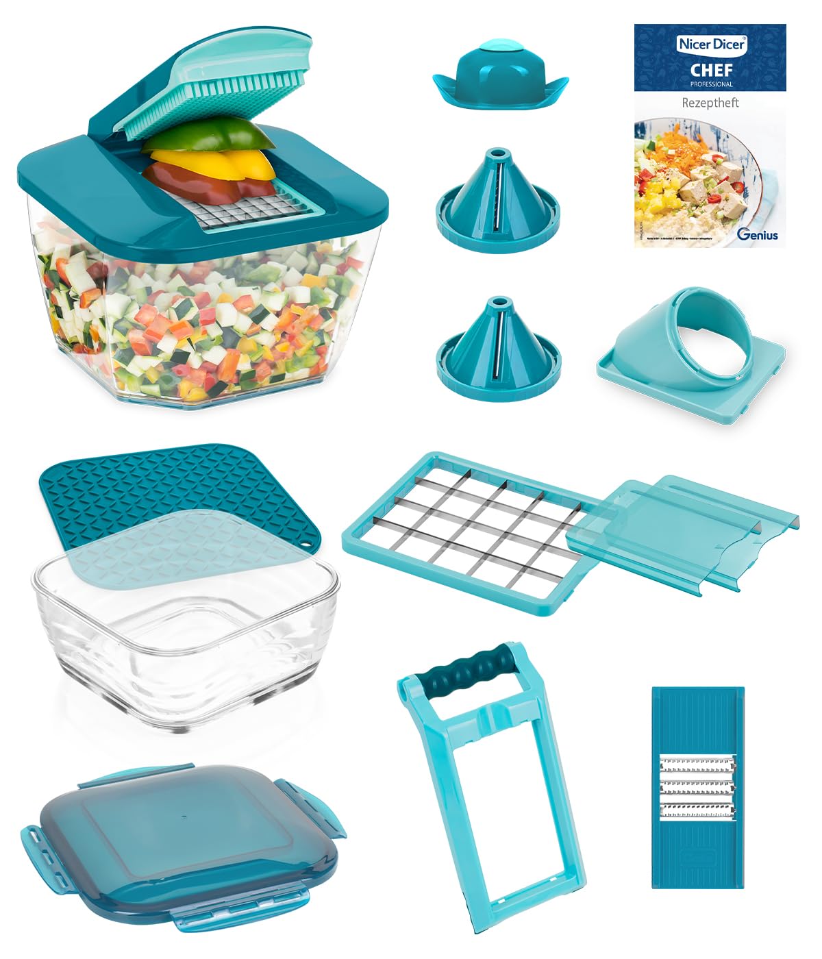 کتابچه راهنمای سبزی برش حرفه ای Nicer Dicer Chef دستگاه برش سبزیجات 18 تکه ظرف 5.2 لیتری درب ظرف شیشه ای اضافی، کاتر مارپیچ کاتر سیب زمینی سرخ کرده کمک آشپزخانه با دستور غذا