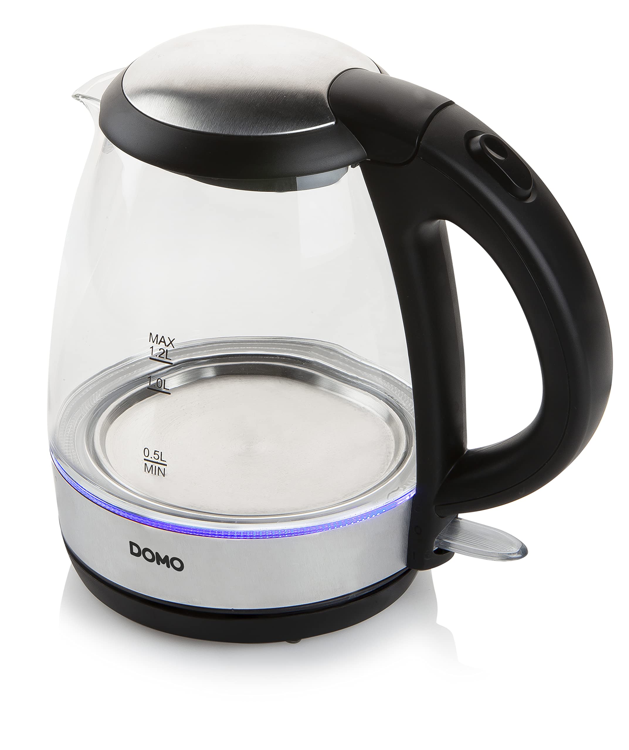 کتری DOMO DO9218WK - با روشنایی داخلی آبی - خاموش شدن خودکار - 1.2 لیتر - 2200 وات - شیشه ای/مشکی 1.2 لیتر