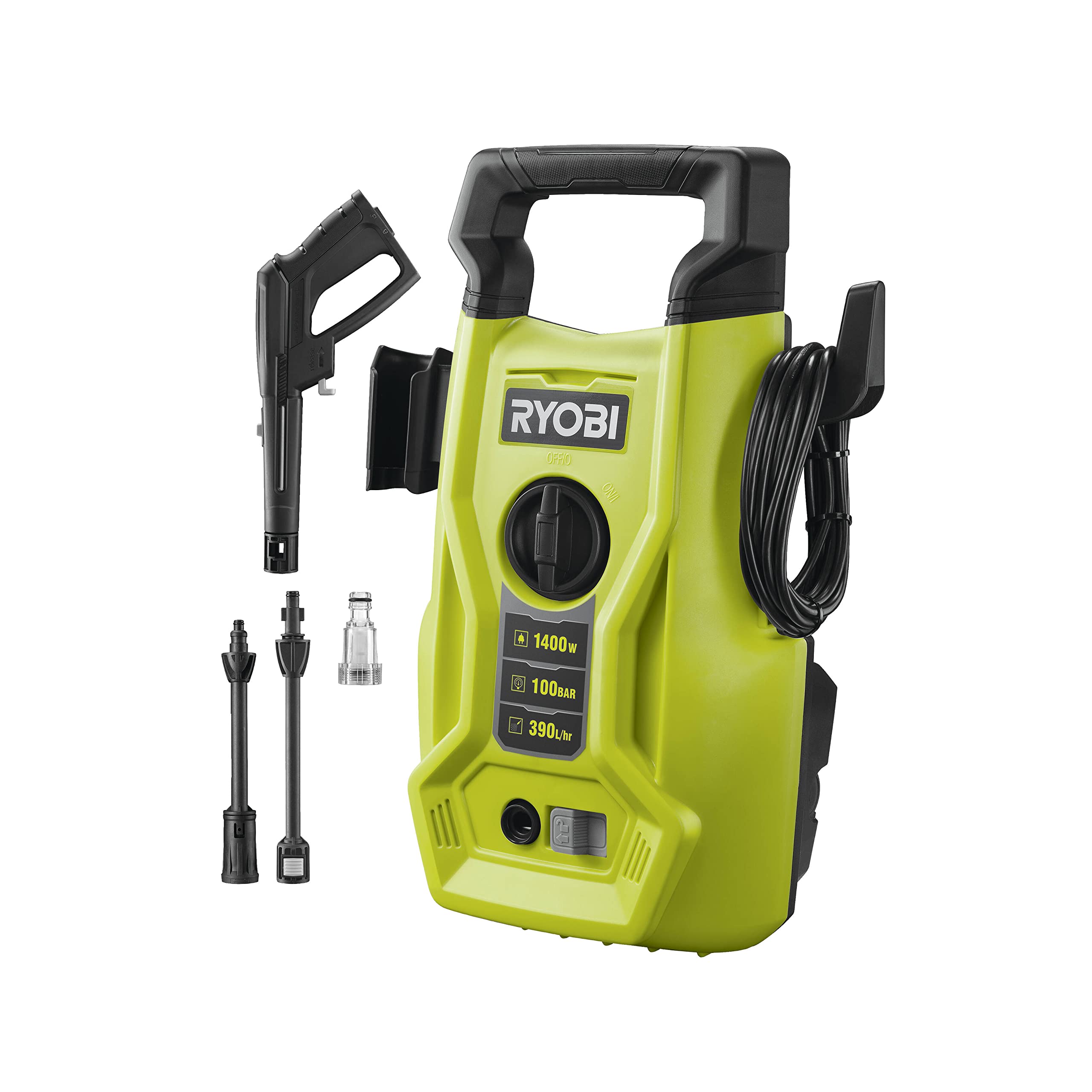 کارواش ریوبی ژاپن پاک کن برقی فشار قوی RYOBI 1400W RY100PWA (فشار 100 بار، سرعت جریان 390 لیتر در ساعت، دمای آب 40 درجه، پمپ آلومینیومی، شیلنگ 5 متری، کابل 5 متری شامل لوله جت متغیر)، سبز