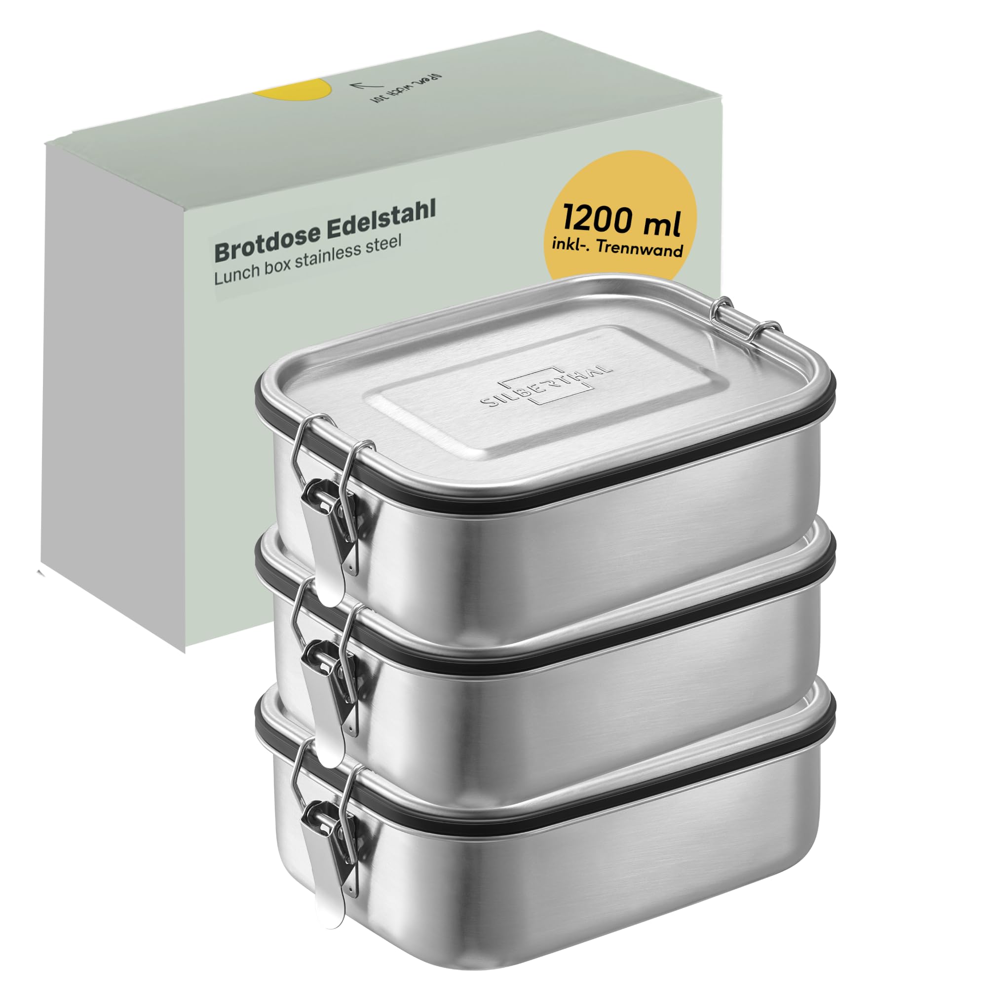 ست ظرف غذای استیل ضد زنگ سیلبرتال آلمان 1200 میلی‌لیتر × 3 برای کودکان با محفظه و پلمپ - ظرف غذای کودکان و بزرگسالان - ضد نشت و سبک - ایده‌آل برای استفاده در سفر و کمپینگ، 3 عدد 1200 میلی‌لیتر