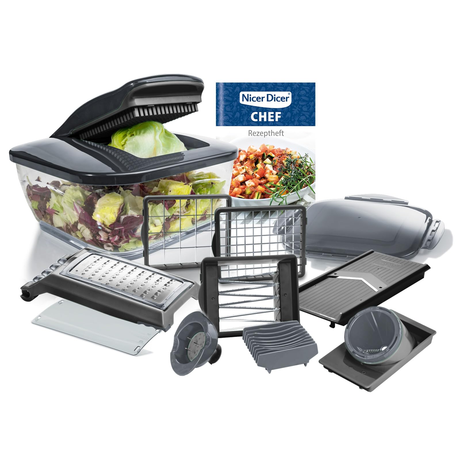 سبزی خرد کن 15 عددی Nicer Dicer Chef، سبزی خرد کن، پیاز خرد کن، سالاد بری، خلال کن، کاتر سرخ کن، کاتر موج دار، مولتی خردکن میوه و سبزیجات، کمک آشپزخانه با دستور پخت