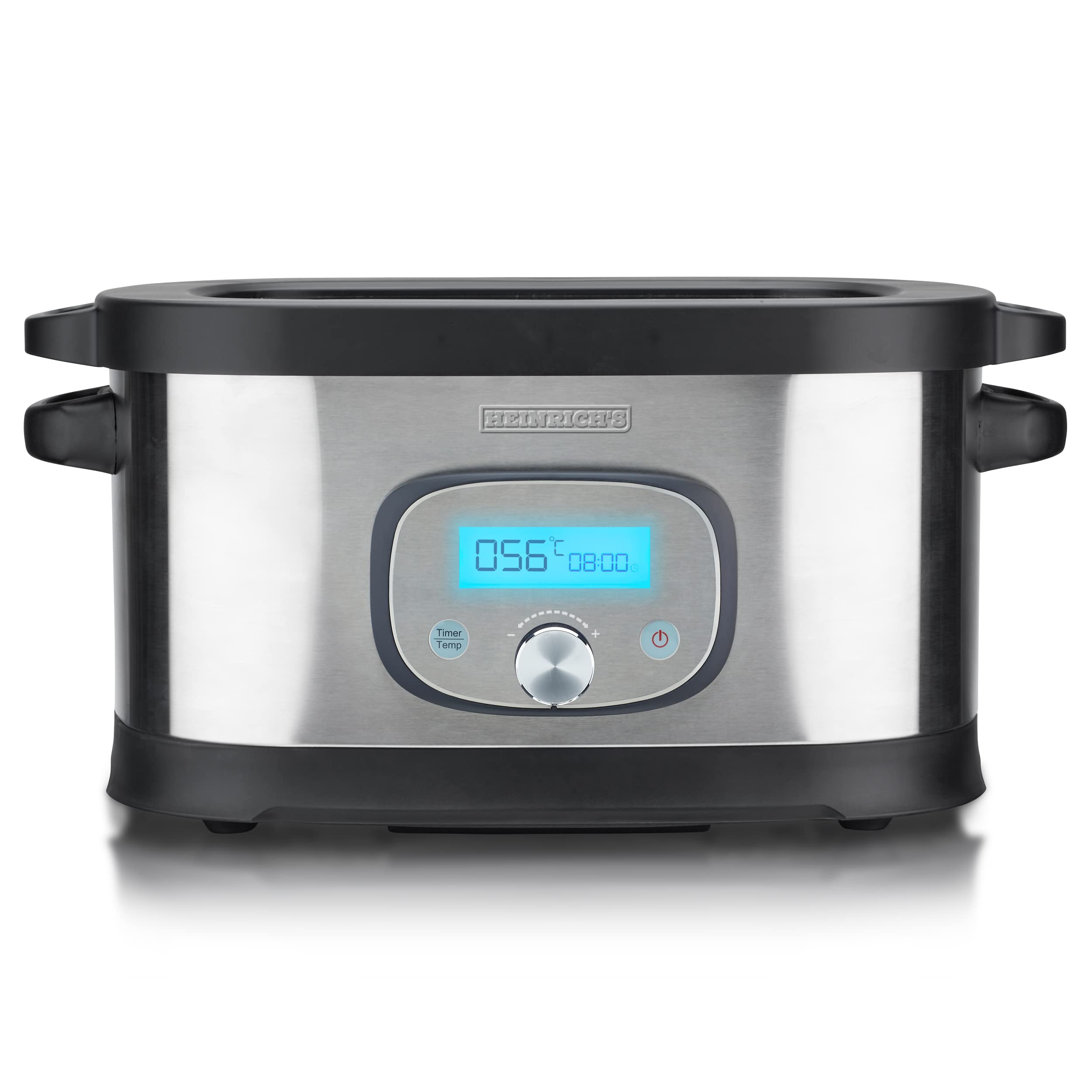 پلوپز برقی هاینریش برای پخت ملایم، سالم و دقیق غذا به لطف کنترل الکترونیکی دما از ۴۵ تا ۹۰ درجه سانتیگراد با گام‌های ۱ درجه سانتیگراد، صفحه نمایش LCD، استیل ضد زنگ برس خورده هاینریش/مشکی