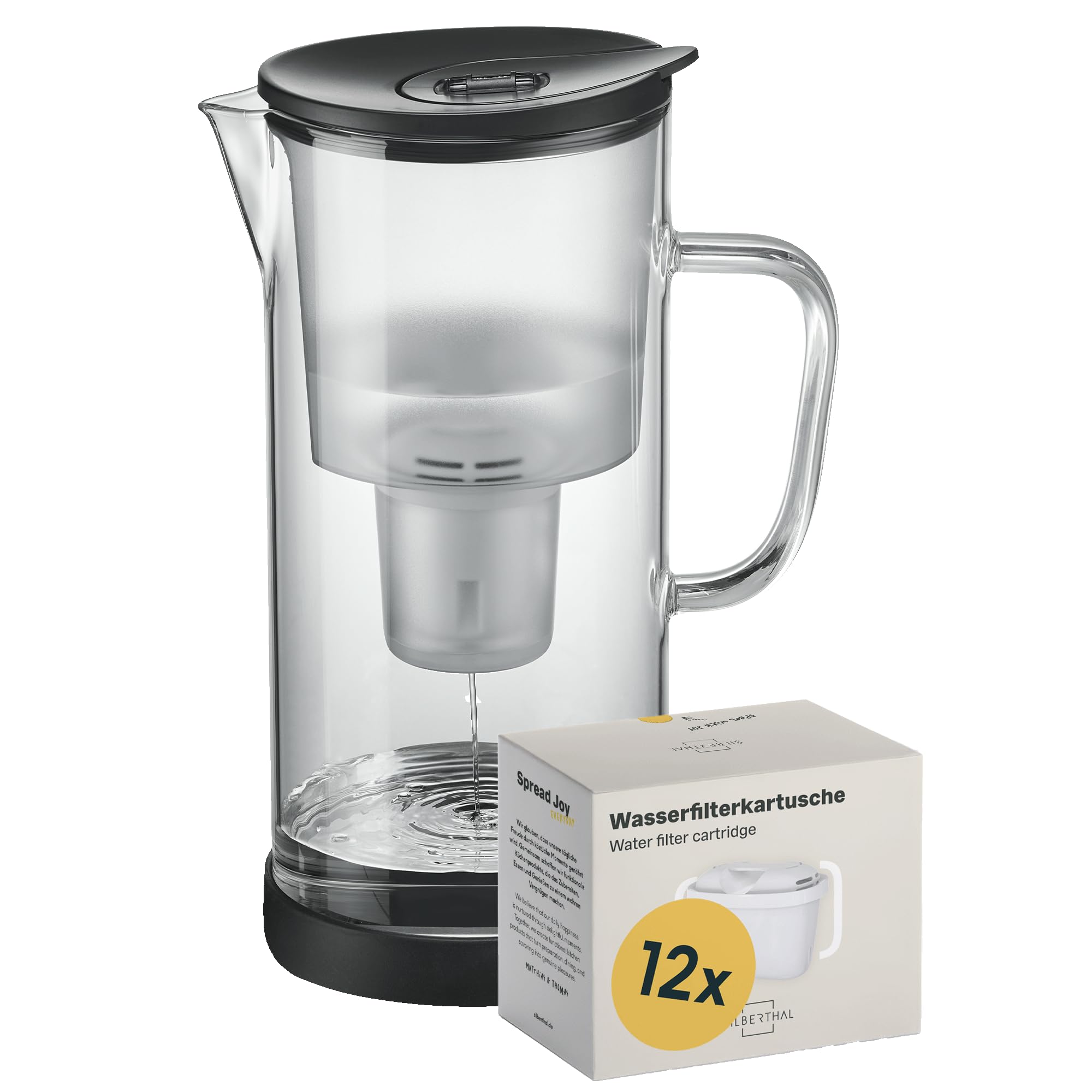 مجموعه پارچ فیلتر آب سیلبرتال آلمان SILBERTHAL شامل بسته 12 تایی کارتریج فیلتر - شیشه‌ای - کاهش رسوب آهک و کلر - پارچ فیلتر 2.7 لیتری + بسته 12 تایی