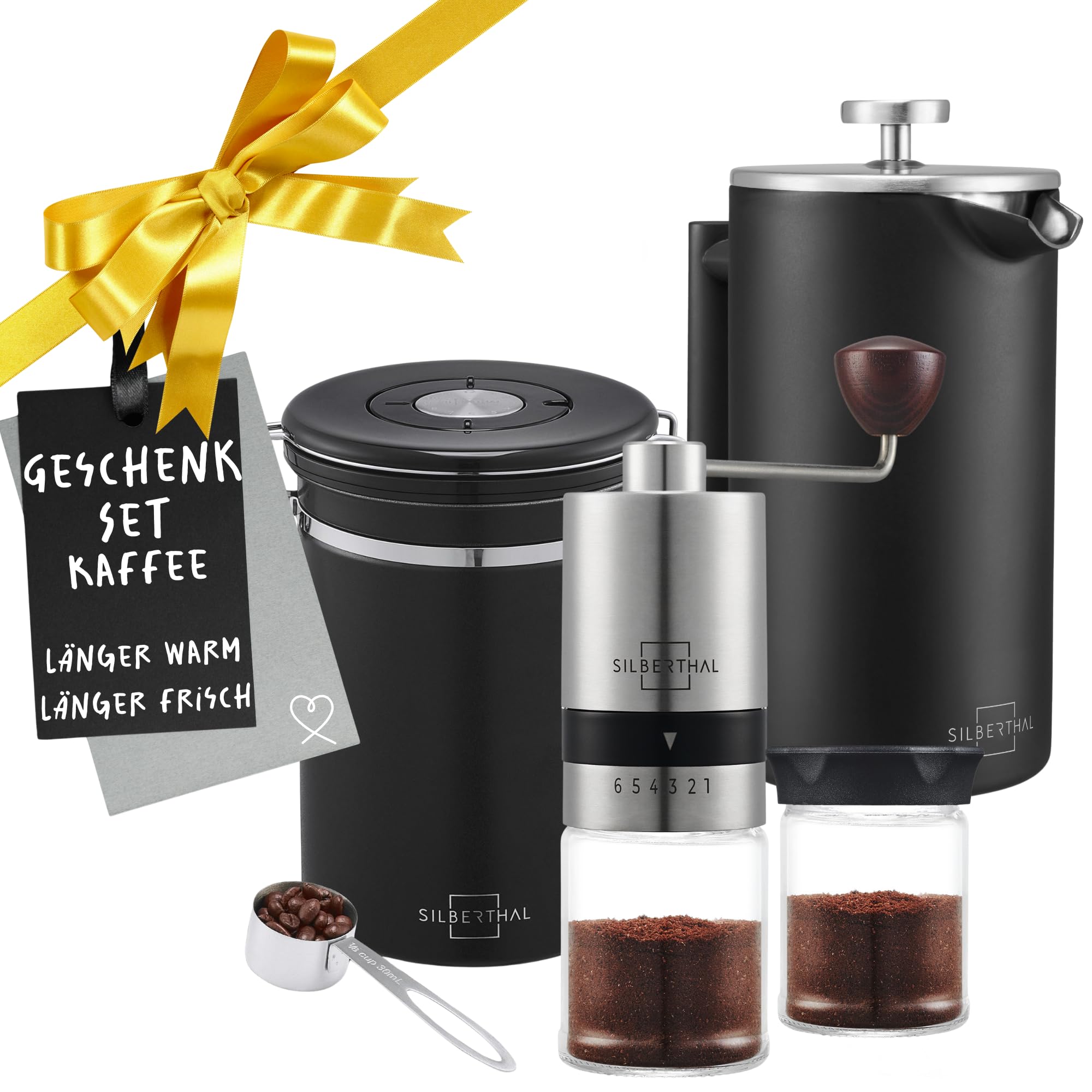 ست آسیاب قهوه سیلبرتال آلمان مدل فرنچ پرس - آسیاب دستی دستی با قهوه ساز حرارتی 1 لیتری - تنظیم درجه آسیاب - استیل ضد زنگ و شیشه - ست هدیه برای عاشقان قهوه و کسانی که زیاد قهوه می‌نوشند