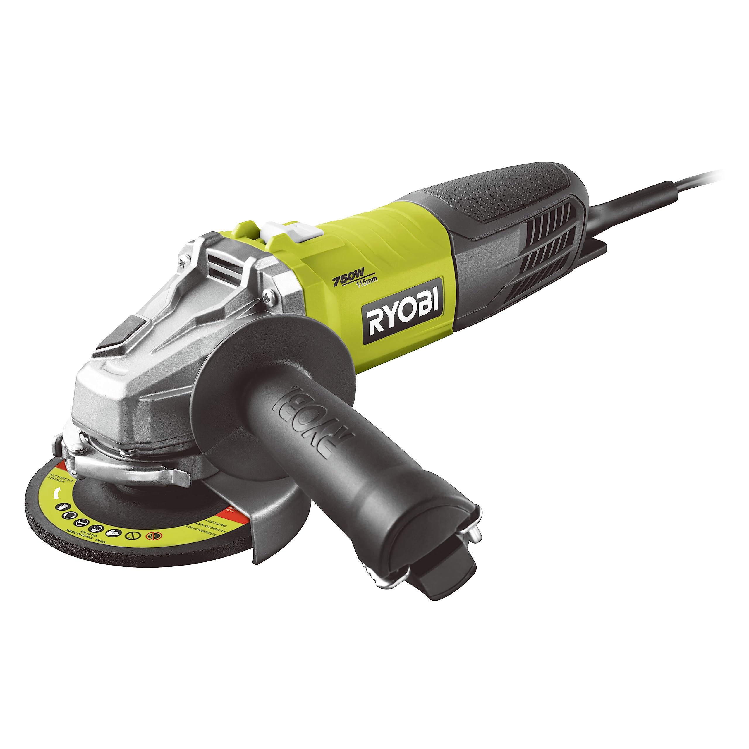 آسیاب زاویه ای برقی RYOBI 750W RAG750-115G (سطح دستگیره ضد لرزش، قفل دوک برای تعویض سریع و آسان دیسک، حفاظت راه اندازی مجدد)