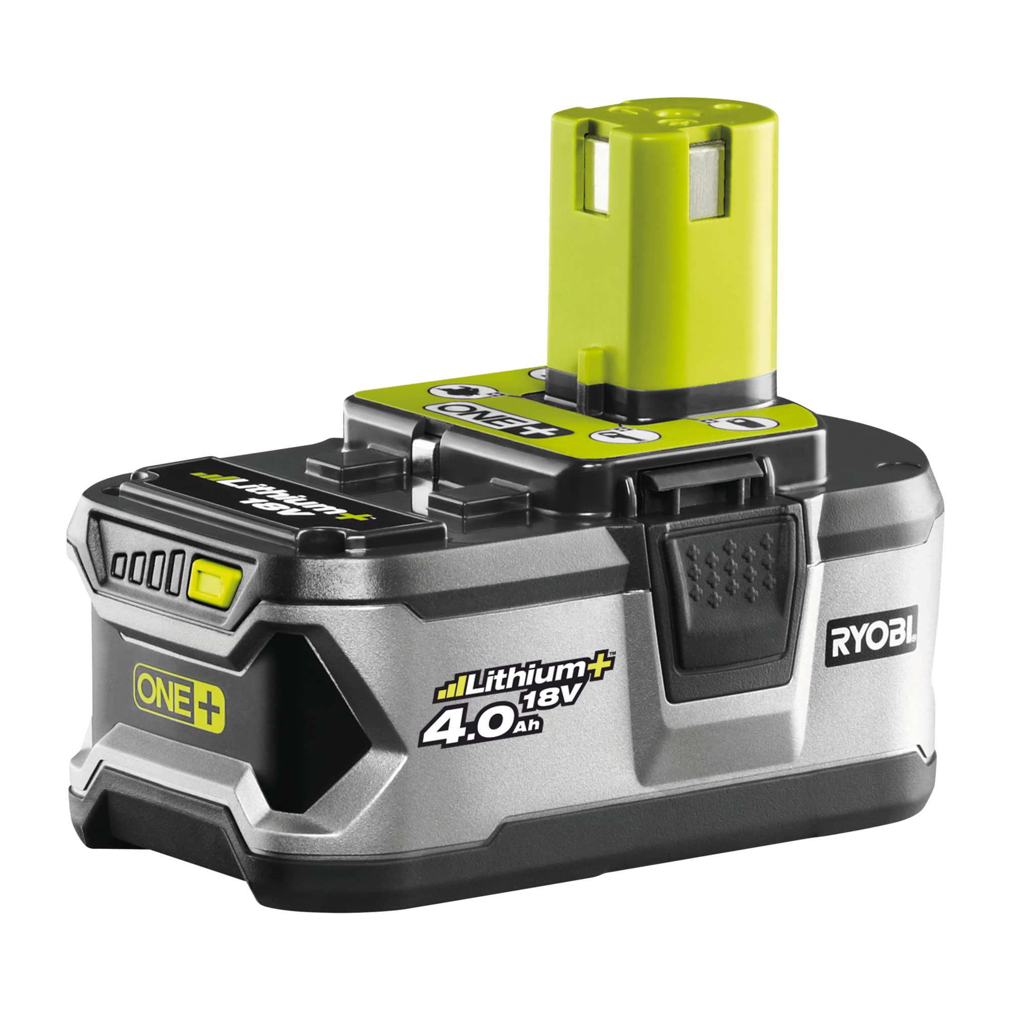 باتری RYOBI 18 V ONE + 4.0Ah لیتیوم + RB18L40 (سازگار با تمام دستگاه های 18 ولتی، نشانگر سطح شارژ باتری، فناوری باتری IntelliCell با نظارت بر سلول فردی، محافظت در برابر اضافه بار، بدون شارژر)