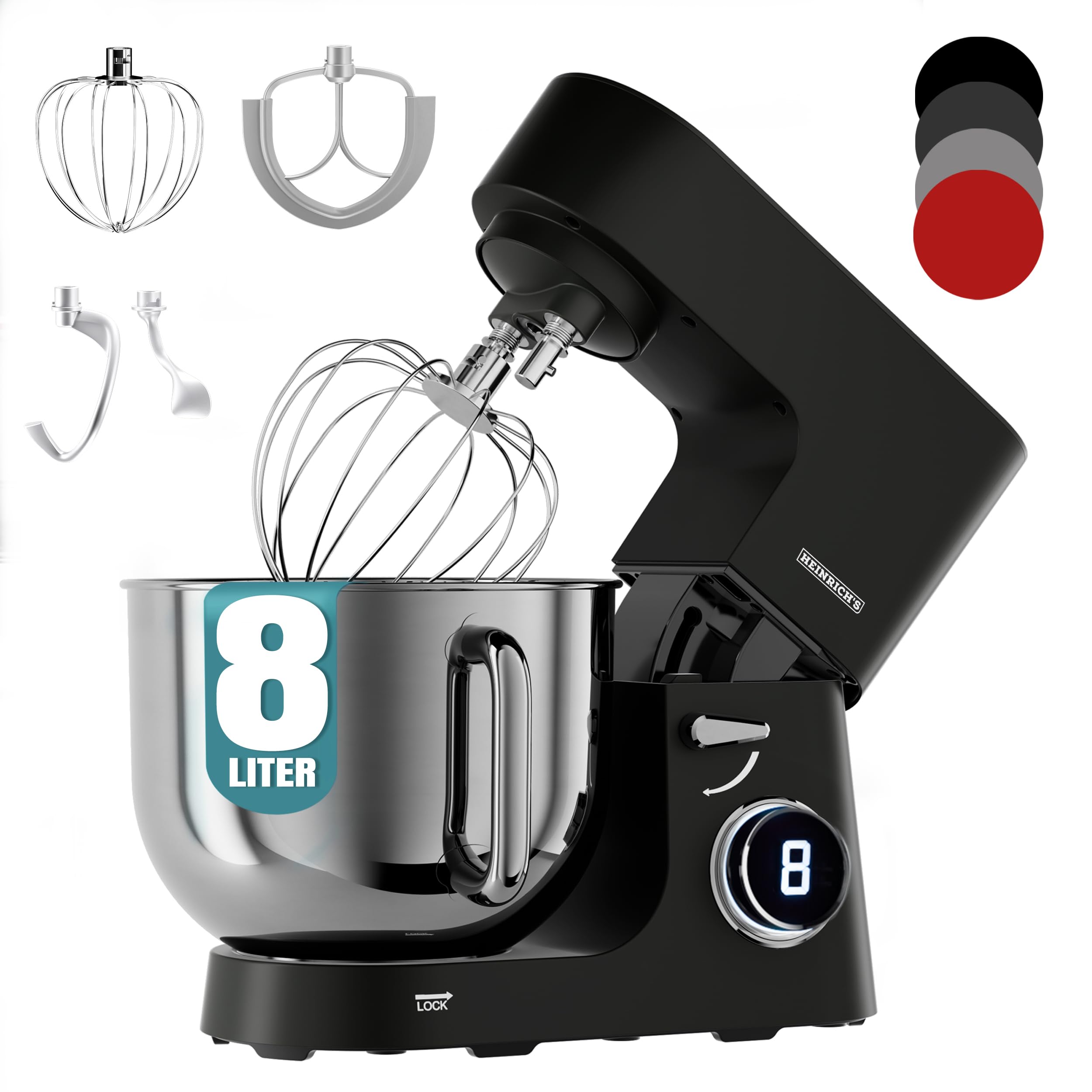 ماشین آشپزخانه هاینریش آلمان دستگاه خمیرزن، خمیرزن، لوازم آشپزخانه ۲۵۰۰ وات، قلاب خمیر دوتایی، قلاب مخلوط کن، همزن، ۸ سرعت قابل تنظیم، کاسه استیل ضد زنگ XXL 8L، کم صدا، مشکی