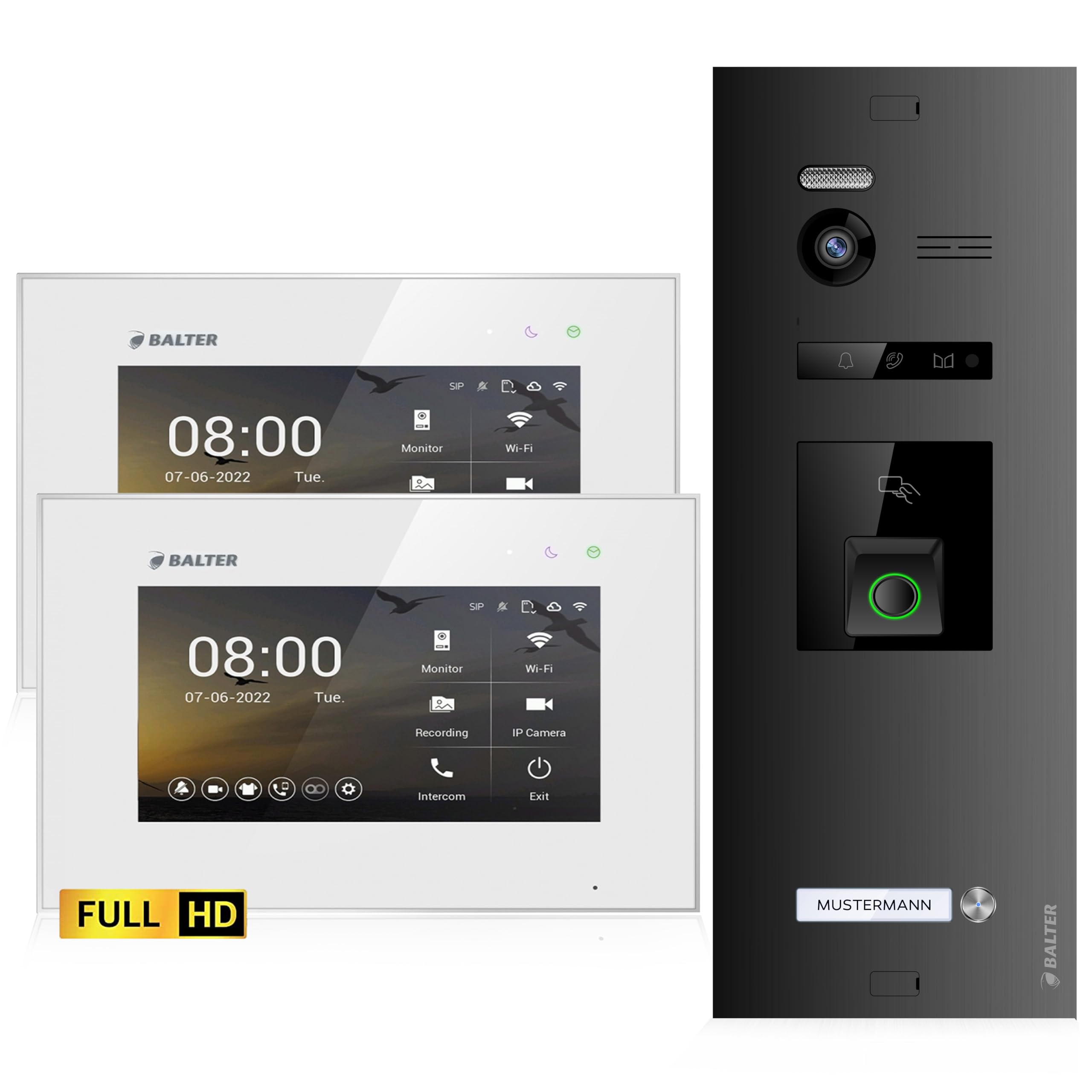 اینترکام درب تصویری Balter EVO-HD با اثر انگشت، زنگ ویدیویی، اپلیکیشن گوشی هوشمند، 1 خانه خانوادگی، مانیتور 2×7 اینچی، زنگ در با دوربین Full HD، اتوبوس 2 سیم، زاویه عریض 175 درجه، RFID، 1080P