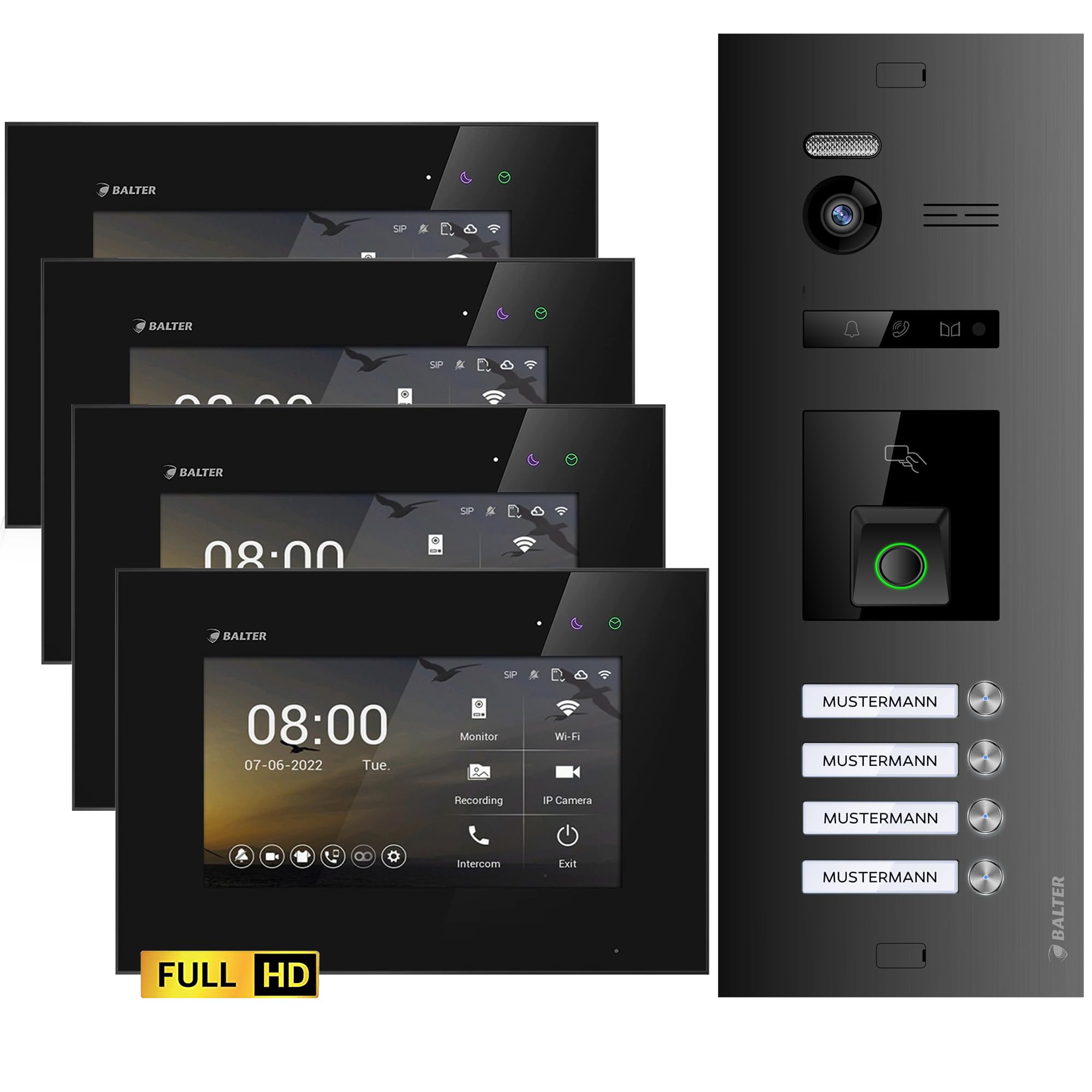 اینترکام درب تصویری Balter EVO-HD با حسگر اثر انگشت، زنگ ویدیویی، خانه 4 خانوادگی، مانیتور 3×7 اینچی، زنگ در با دوربین Full HD، اتوبوس 2 سیم، زاویه عریض 175 درجه، RFID، 1080P