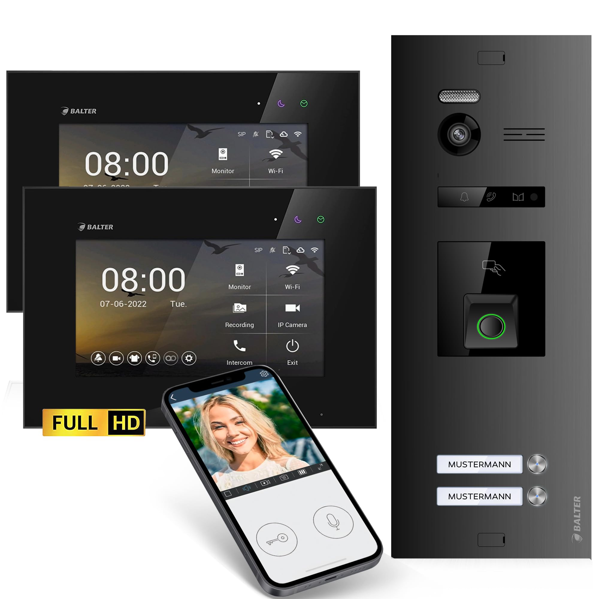 اینترکام درب تصویری Balter EVO-HD با حسگر اثرانگشت، زنگ ویدیویی، اپلیکیشن گوشی هوشمند، خانه 2 خانواده، مانیتور 2 x 7 اینچی، زنگ در با دوربین Full HD، اتوبوس 2 سیم، زاویه عریض 175 درجه، RFID، 1080P