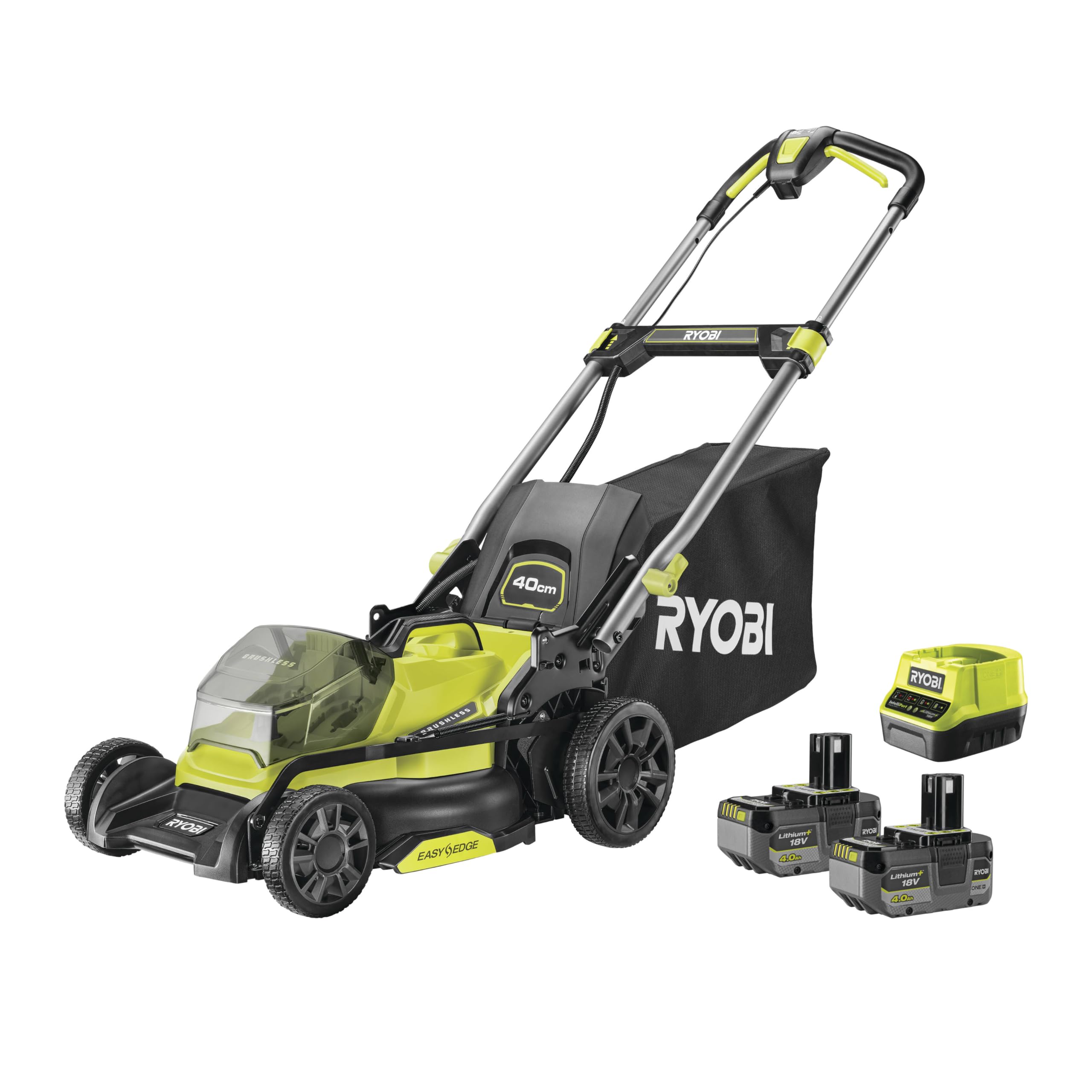 چمن زن شارژی ریوبی ژاپن RYOBI 18 V ONE RY18LMX40C-240، عرض برش 40 سانتی متر، تنظیم ارتفاع برش در 7 مرحله، شامل باتری و شارژر 2 x 18 ولت 4.0 Ah، Hyper Green