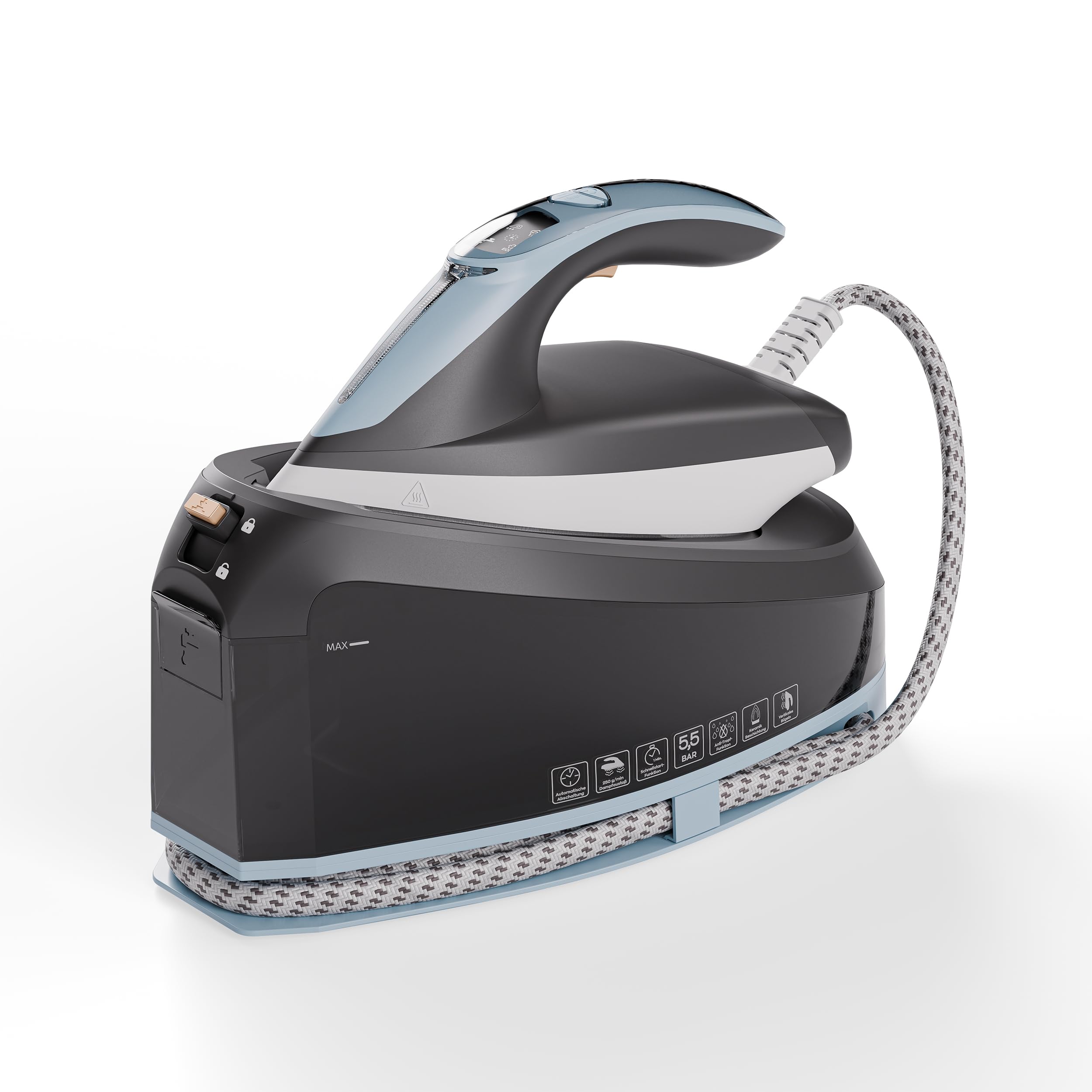 ایستگاه اتو بخار HEINRICHS، بخاردهی ۲۵۰ گرم در دقیقه، فشار ۵.۵ بار، ۳ عملکرد، صفحه نمایش یکپارچه، مخزن آب بزرگ ۱.۵ لیتری، کفی سرامیکی، عملکرد تمیز کردن خودکار، قدرت ۳۲۰۰ وات، مشکی-آبی