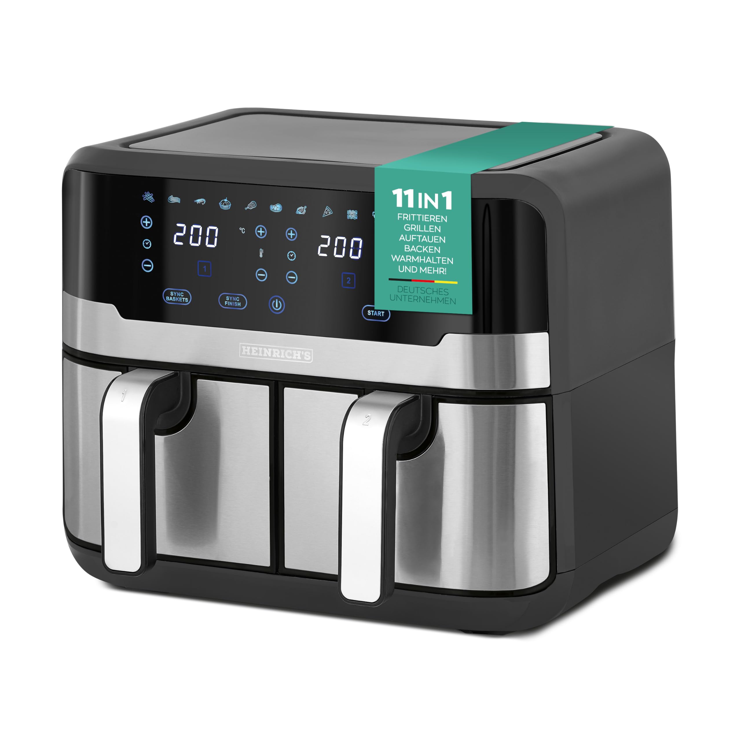 سرخ کن بدون روغن HEINRICHS - XXL 9L، دو محفظه، 9 برنامه، صفحه نمایش لمسی LED، پخت بدون چربی، 2400 وات، سرخ کن بدون روغن برای پخت سالم، سرخ کن دو محفظه
