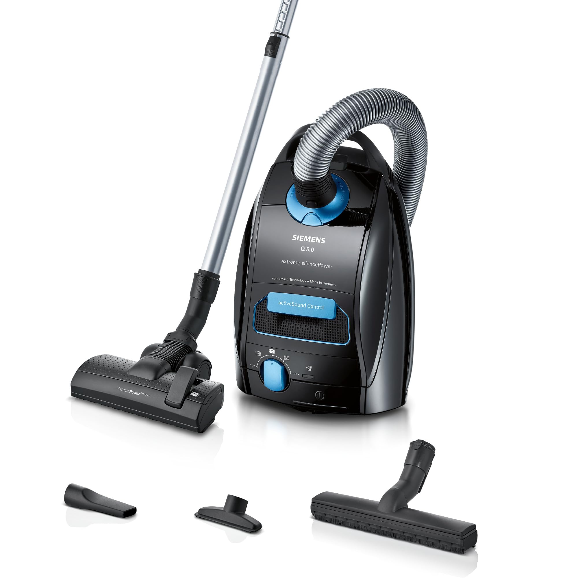جاروبرقی زیمنس با کیسه Q5.0، قدرت فوق‌العاده بی‌صدا VSQ5X1232، مناسب برای افراد مبتلا به آلرژی، فیلتر بهداشتی، قدرت مکش قوی روی پارکت، فرش و کاشی، کابل بلند، ساخت آلمان، 850 وات، مشکی، نازل کف سخت مشکی