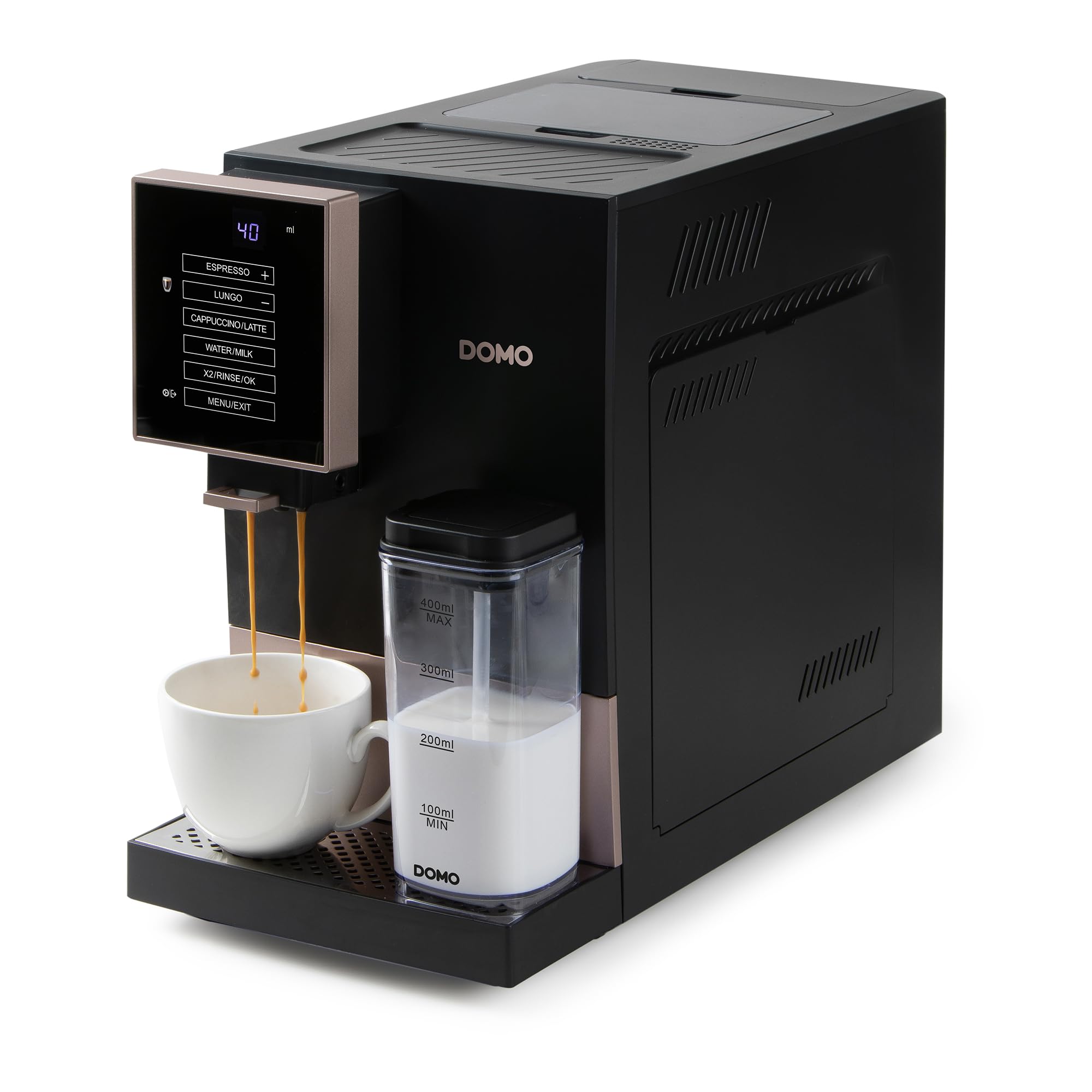 دستگاه قهوه ساز تمام اتوماتیک DOMO DO743K با کف ساز شیر - پمپ فشار ایتالیایی 19 بار - 1.1 لیتر - صفحه لمسی - گرمکن فنجان - رزگلد/مشکی