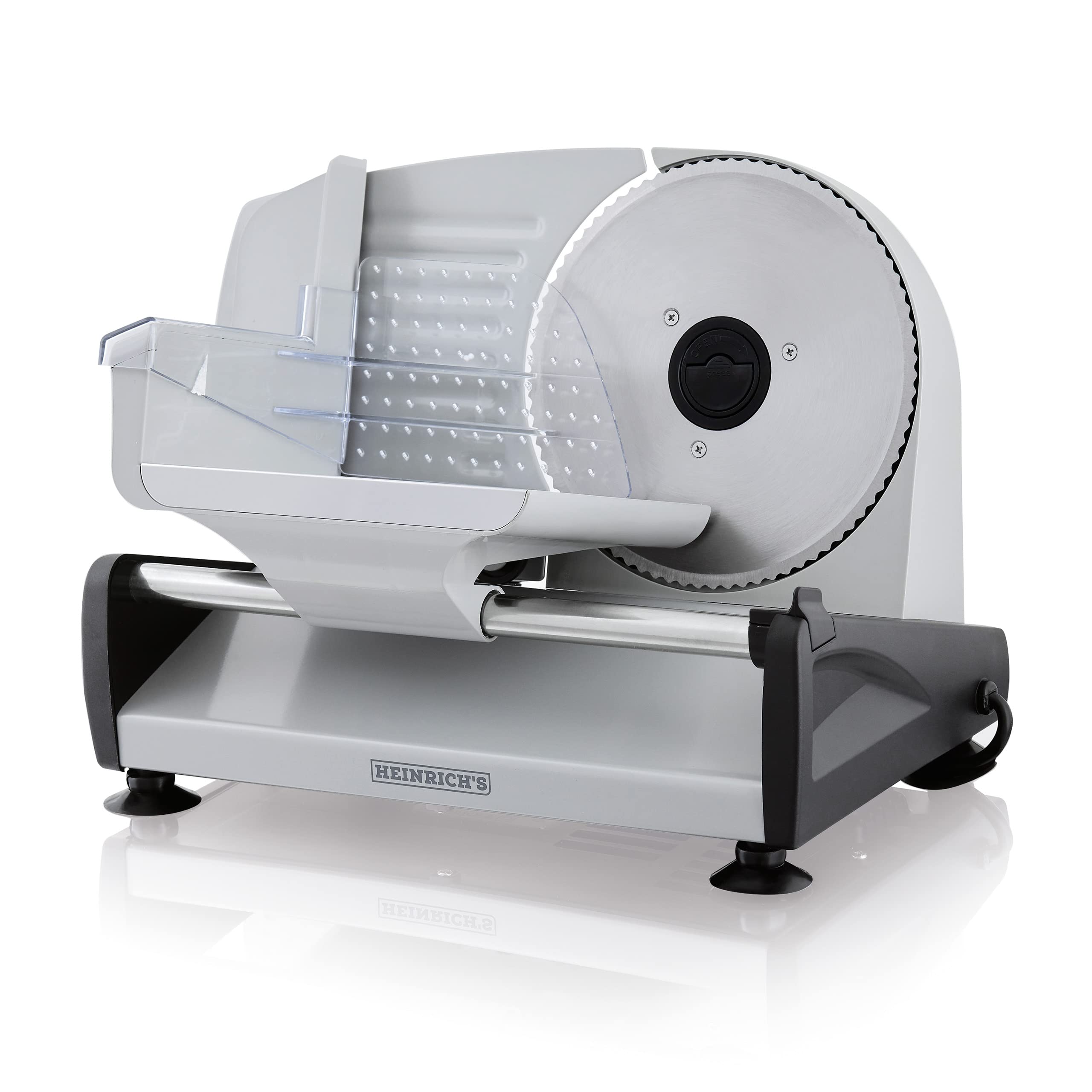 برش‌دهنده فلزی همه‌کاره هاینریش، برش‌دهنده نان برقی، برش‌دهنده سوسیس، تیغه گرد استیل ضد زنگ (قطر ۱۹ سانتی‌متر)، تنظیم ضخامت برش بی‌نهایت متغیر، قفل ایمنی یکپارچه، ۲۰۰ وات