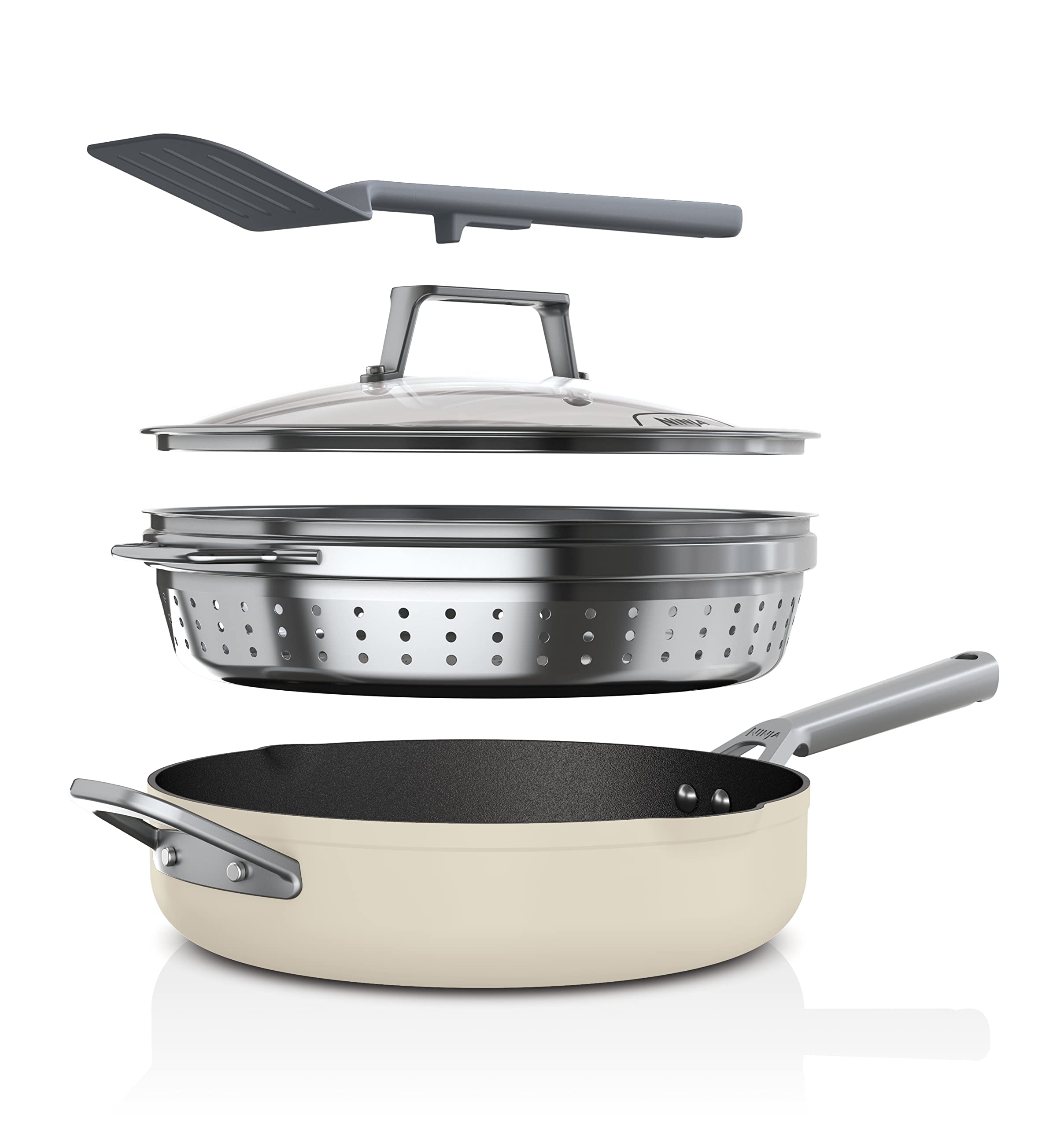 قابلمه 9 کاره پوینت‌پَن نینجا فودی با درب شیشه‌ای، بخارپز/الک، کفگیر، درب شیشه‌ای، 3.8 لیتر، مناسب برای استفاده با القای القایی، قابل استفاده در فر تا دمای 260 درجه سانتیگراد، طعم وانیل، مدل CW102WHUK