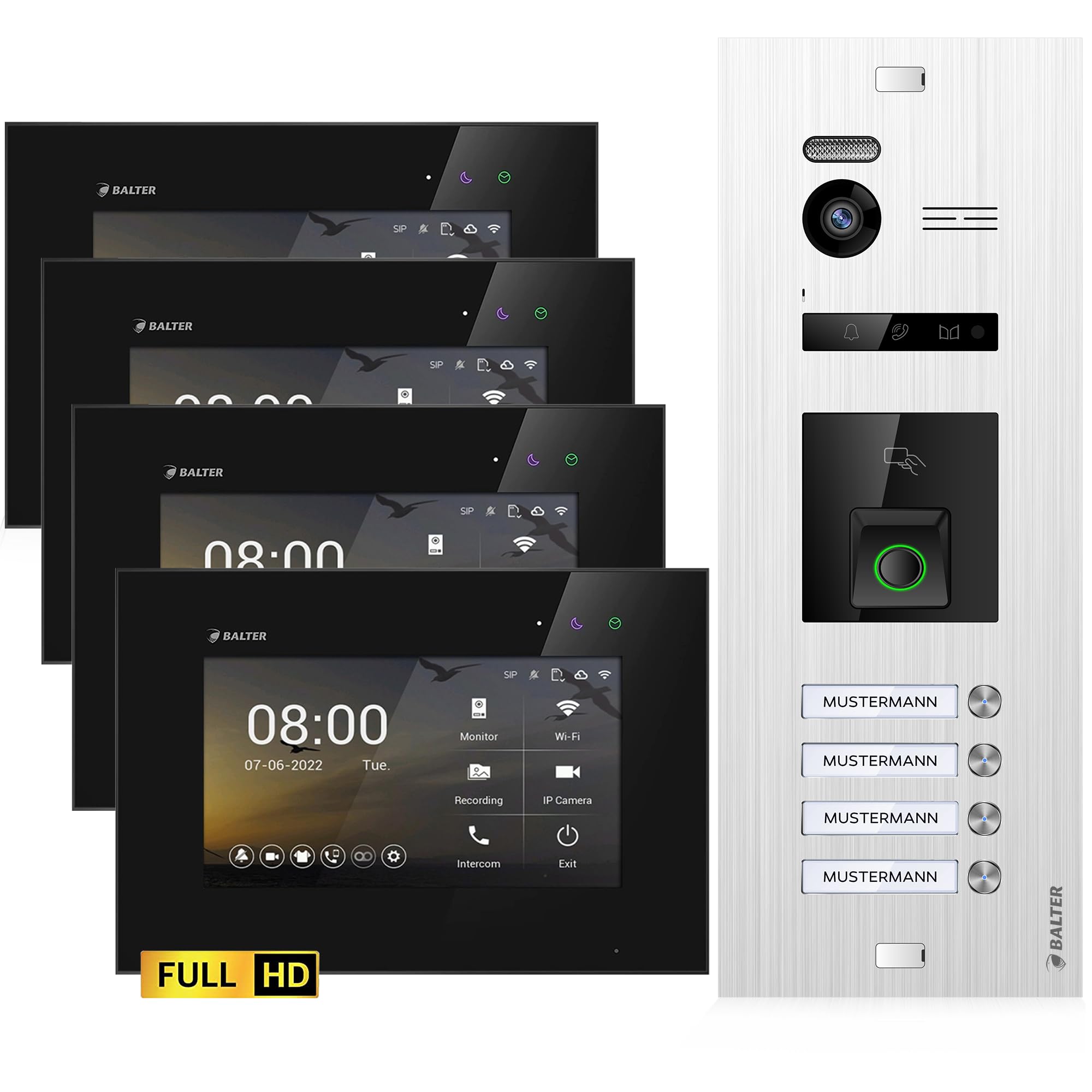 اینترکام درب تصویری Balter EVO-HD با حسگر اثر انگشت، زنگ ویدیویی، خانه 4 خانوادگی، مانیتور 3×7 اینچی، زنگ در با دوربین Full HD، اتوبوس 2 سیم، زاویه عریض 175 درجه، RFID، 1080P