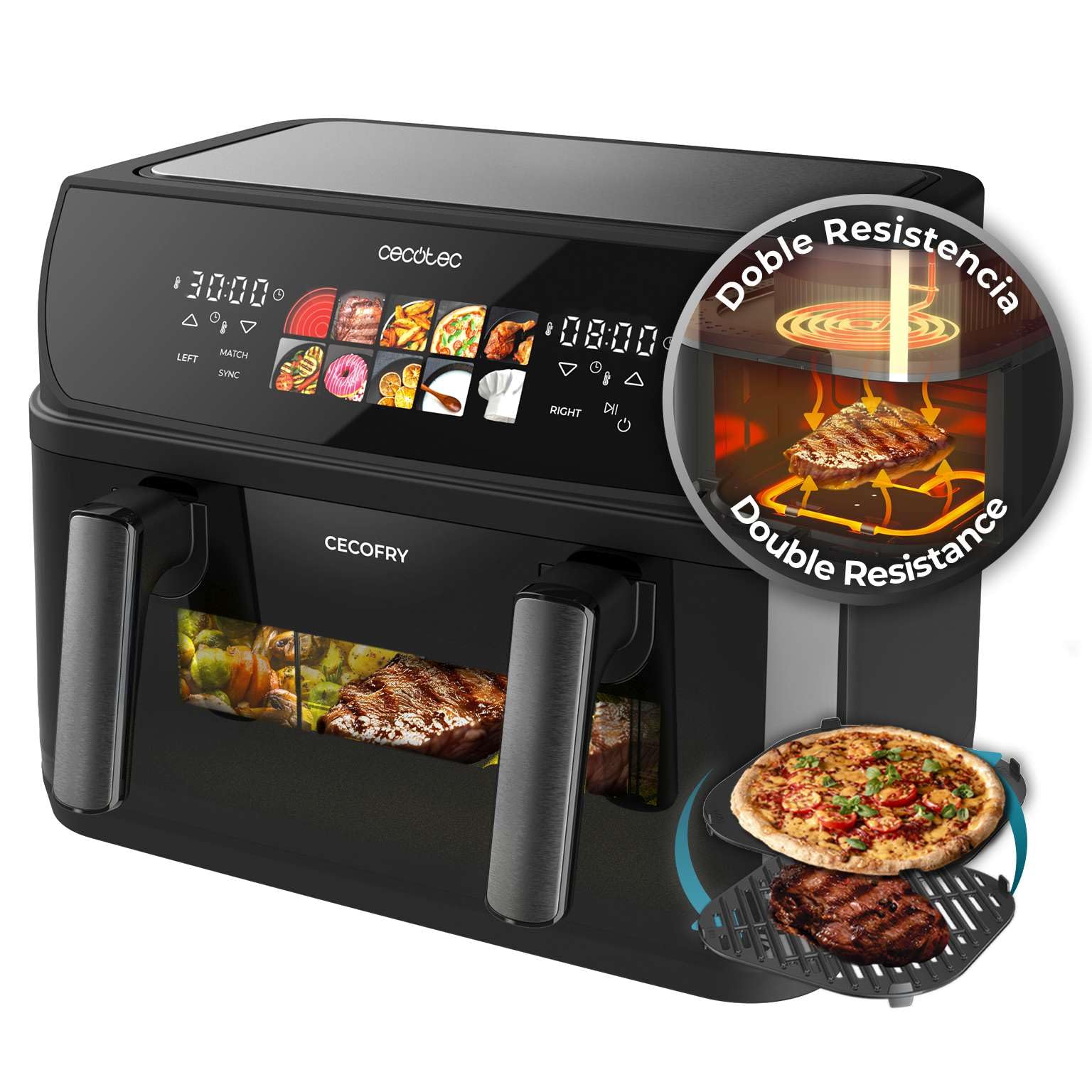 سرخ کن بدون روغن Cecotec - 10 لیتر - صفحه گریل - گریل - المنت های گرمایشی دوگانه - سرخ کن بدون روغن Cecofry&Grill Duoheat 10000. 2800 وات، جداکننده متحرک، کنترل دما 40-200 درجه سانتیگراد، 10 منو