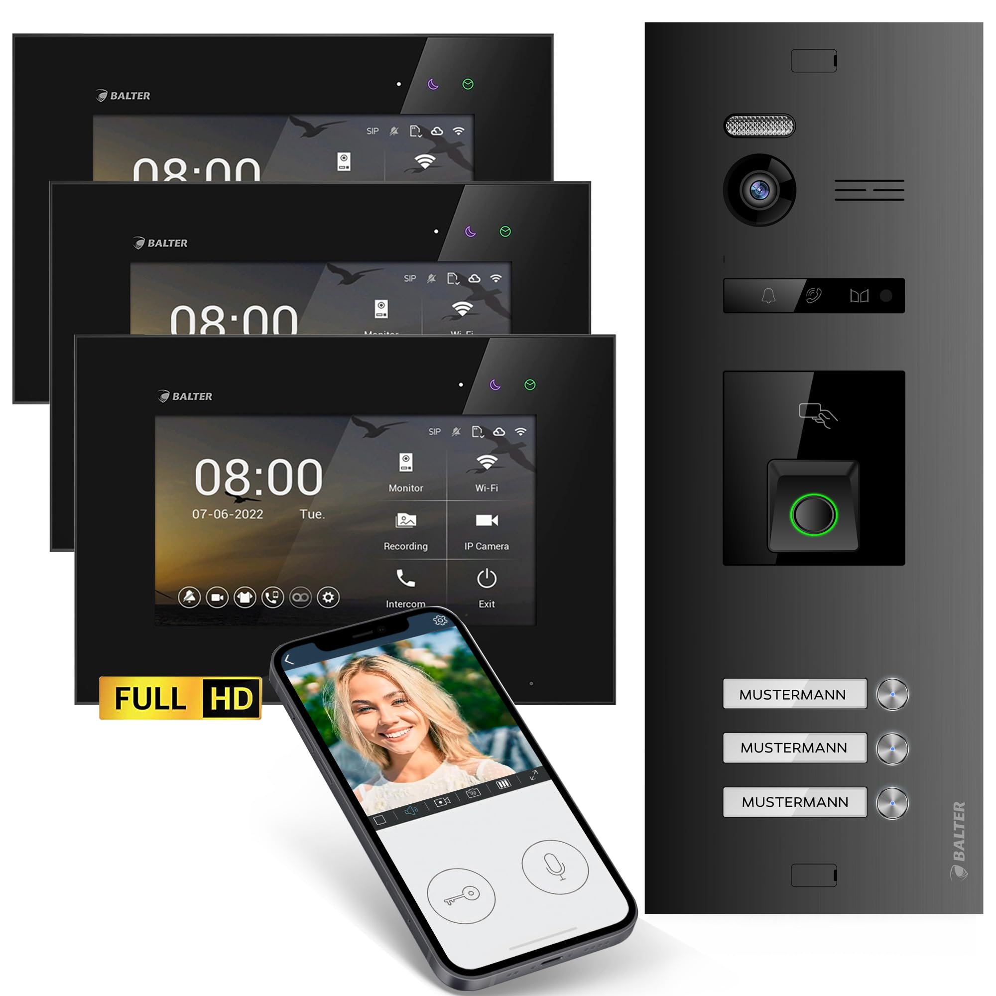 اینترکام درب تصویری Balter EVO-HD با اثر انگشت، زنگ ویدیویی، اپلیکیشن گوشی هوشمند، خانه 3 خانواده، مانیتور 3x 7 اینچی، زنگ در با دوربین Full HD، اتوبوس 2 سیم، زاویه عریض 175 درجه، RFID، 1080P