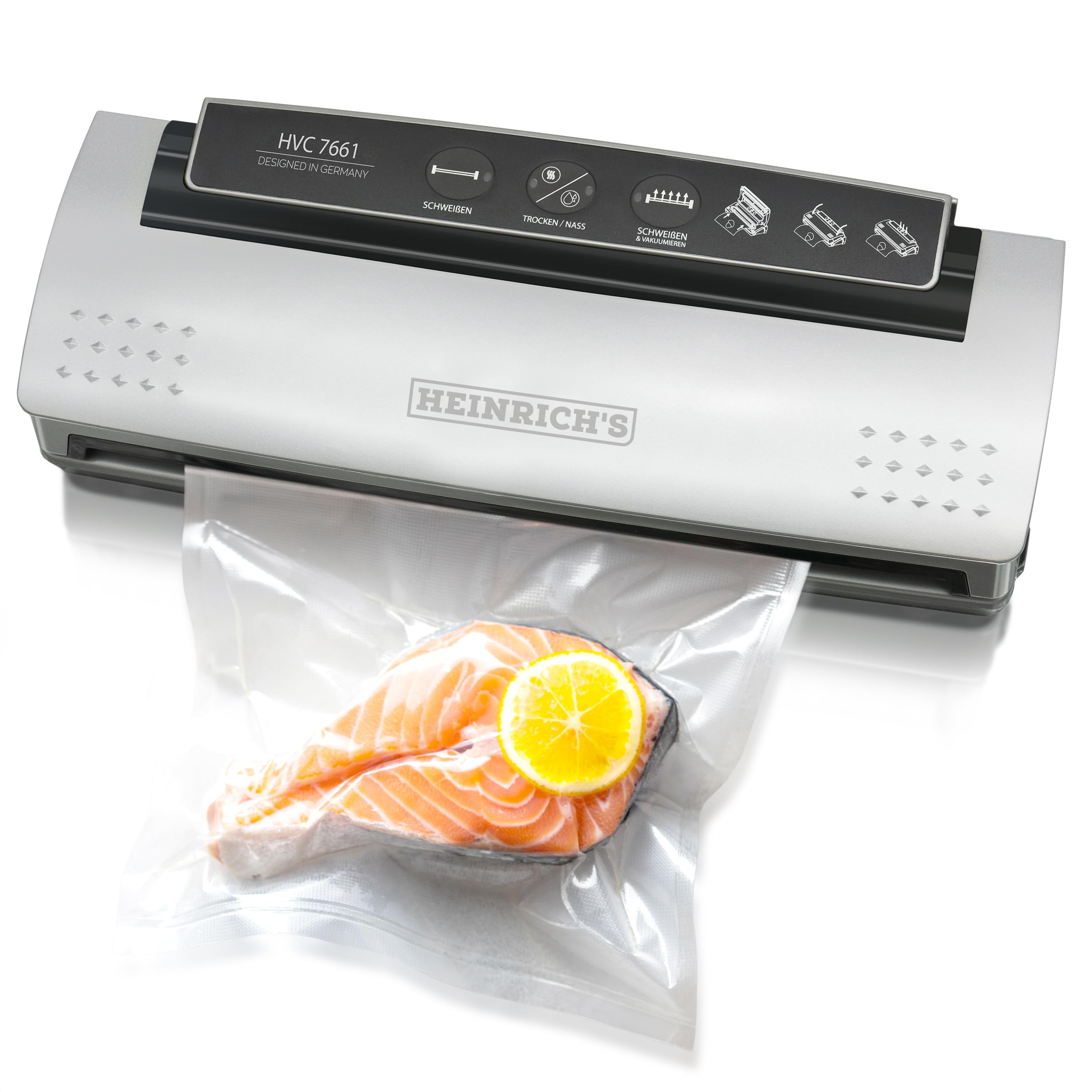 دستگاه درزگیر وکیوم HEINRICHS، دستگاه درزگیری وکیوم، درزگیر بسیار عریض و بادوام، تنظیم الکترونیکی وکیوم، کم جا، شامل 10 کیسه وکیوم حرفه‌ای، موتور 120 وات HVC 7661