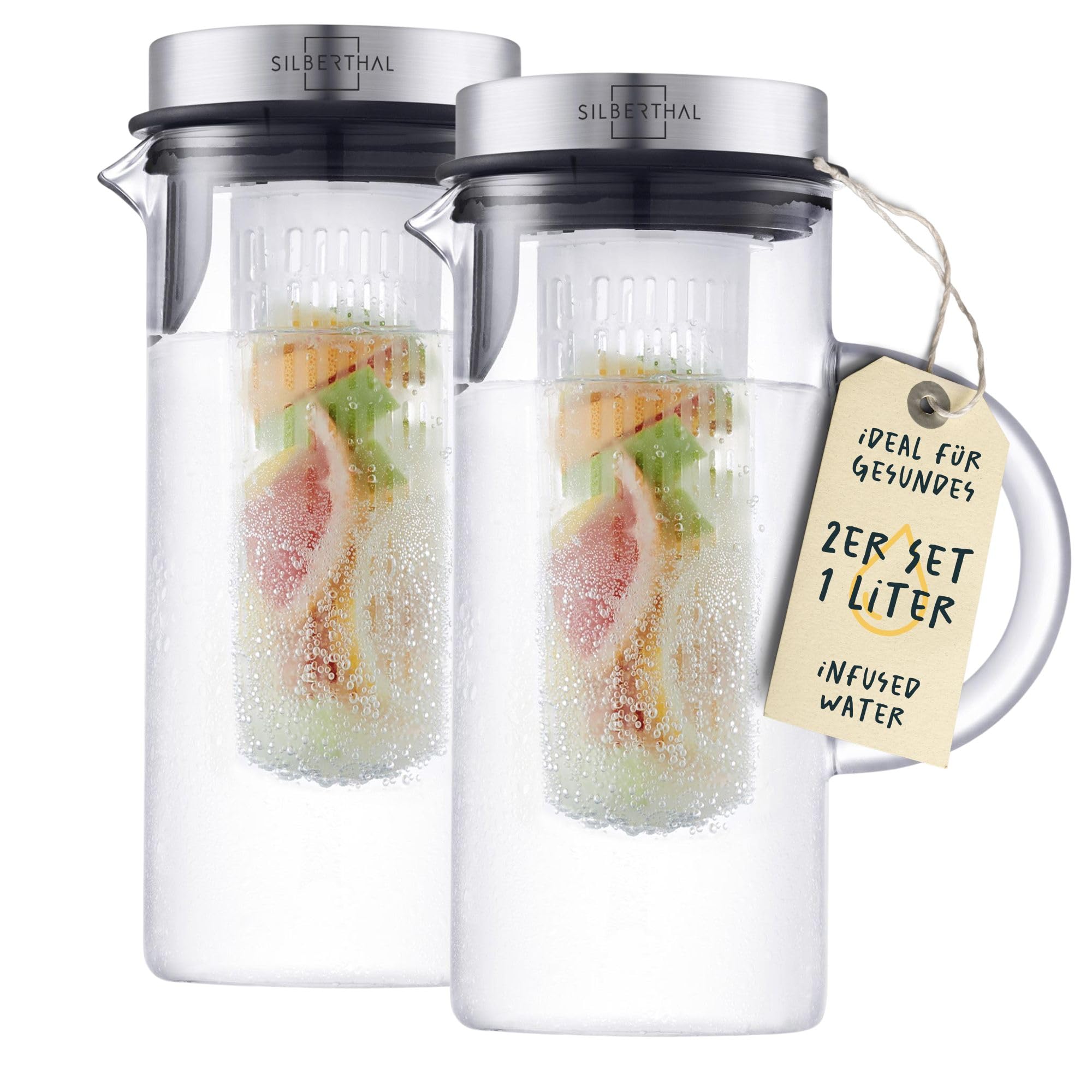 قوری شیشه‌ای سیلبرتال آلمان ست دو تکه با دم‌آوری میوه - قوری ۱ لیتری با درب - قابل شستشو در ماشین ظرفشویی و مقاوم در برابر حرارت، ۲ عدد ۱ لیتری