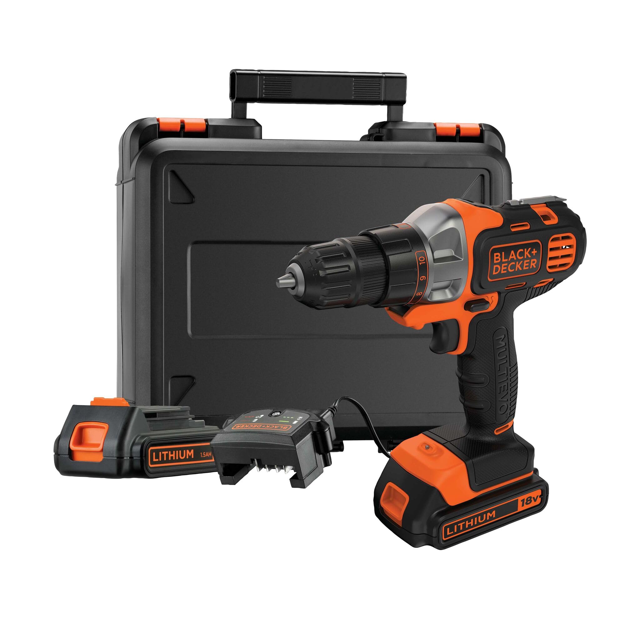 دریل شارژی چند ابزار Black+Decker MT218KB / 18 ولت با 2 باتری / مناسب برای سوراخ کردن، اره کردن و سنباده زدن به لطف اتصالات مختلف / شامل جعبه / ابزار با جعبه