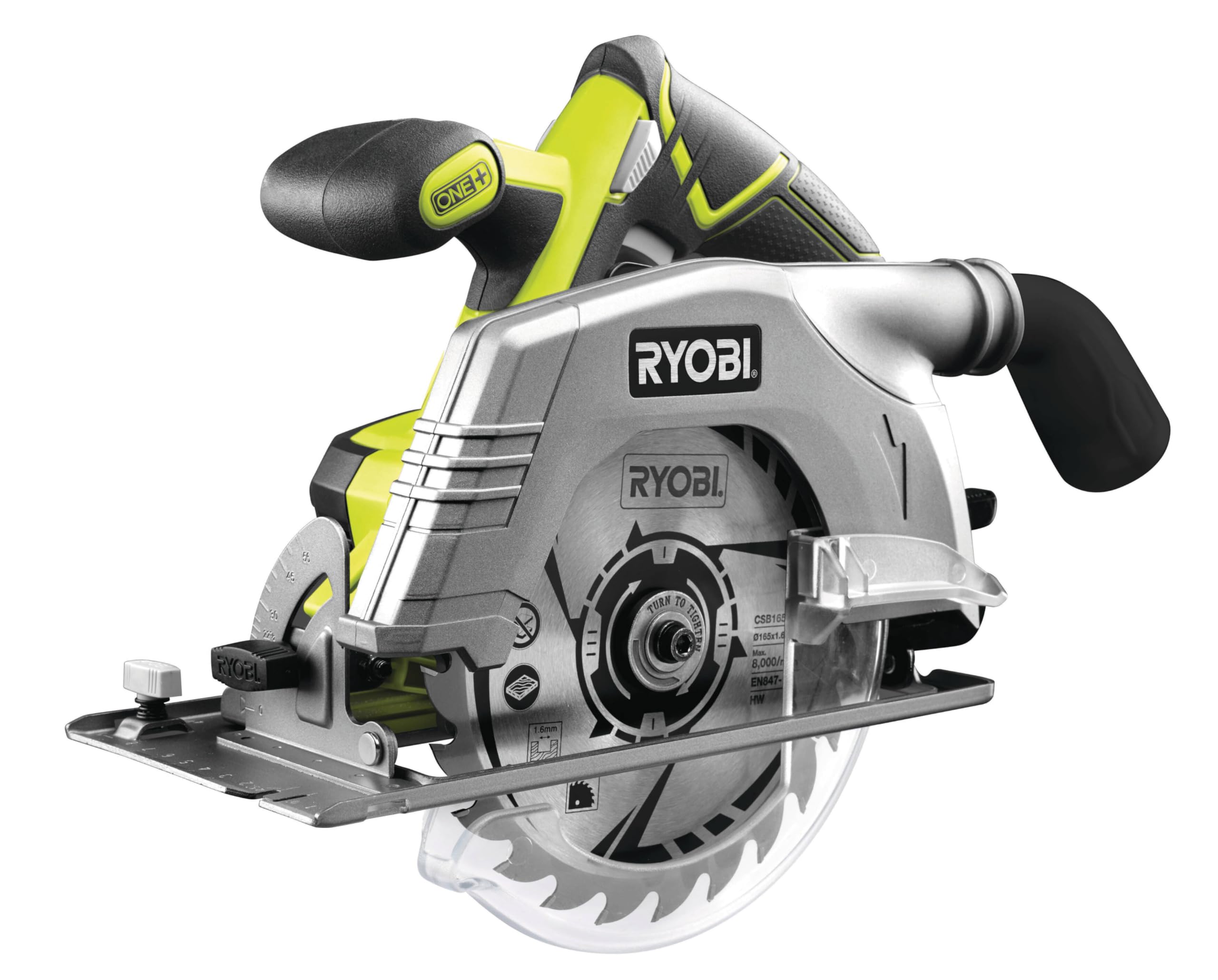 اره دایره ای شارژی RYOBI 18 V ONE+ R18CS-0 (قطر سوراخ 16 میلی متر، عمق برش تا 52 میلی متر، سرعت در حال کار 4700 دقیقه-1، تنظیم عمق/شیب بدون ابزار، شامل تیغه اره، بدون باتری و شارژر)