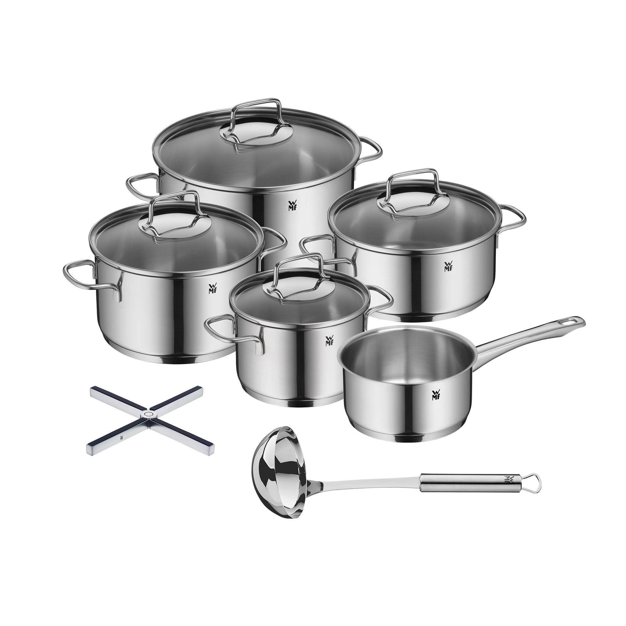 سرویس قابلمه القایی ۵ تکه ۳ تکه آستوریا ادونتیج WMF با درب شیشه‌ای، ملاقه سوپ WMF Profi Plus 30 سانتی‌متری، قاشق سس/سرو، و سه‌پایه تاشو استیل ضد زنگ Mister X 19 x 19 سانتی‌متری