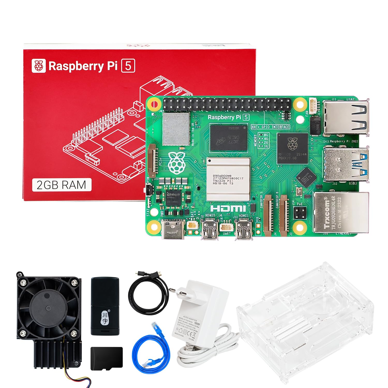 آداپتور برق Yahboom Raspberry Pi 5 2GB + PD، قاب اکریلیک، رادیاتور، 64 گیگابایت TF Card Cortex-A76 CPU مناسب برای برنامه نویسی هوش مصنوعی پایتون اوبونتو (کیت تقویت کننده خنک کننده 2 گیگابایت)