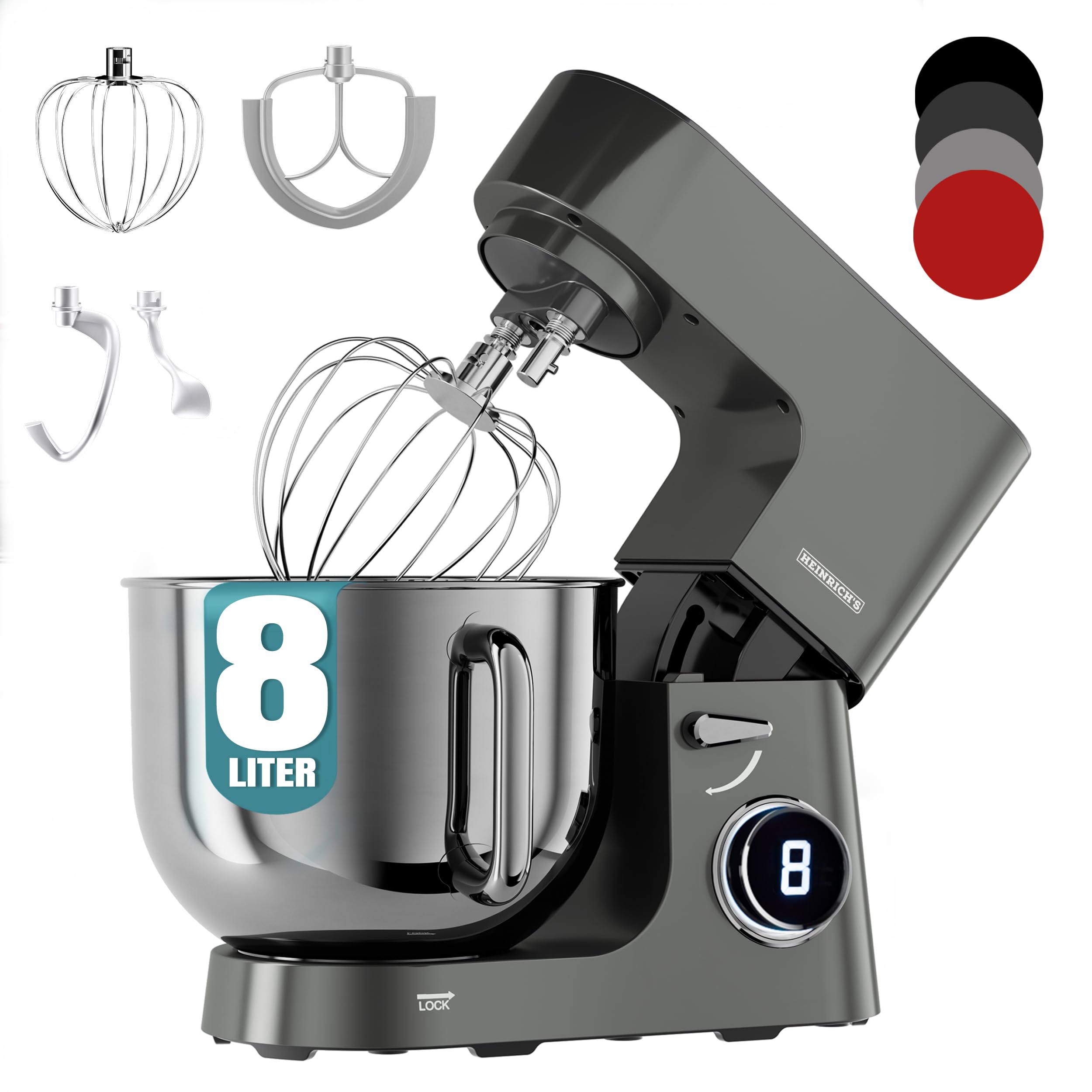 ماشین آشپزخانه هاینریش آلمان دستگاه خمیرزن، خمیرزن، لوازم آشپزخانه ۲۵۰۰ وات، قلاب خمیر دوتایی، قلاب مخلوط کن، همزن، ۸ سرعت قابل تنظیم، کاسه استیل ضد زنگ XXL 8L، کم صدا، تیتانیوم