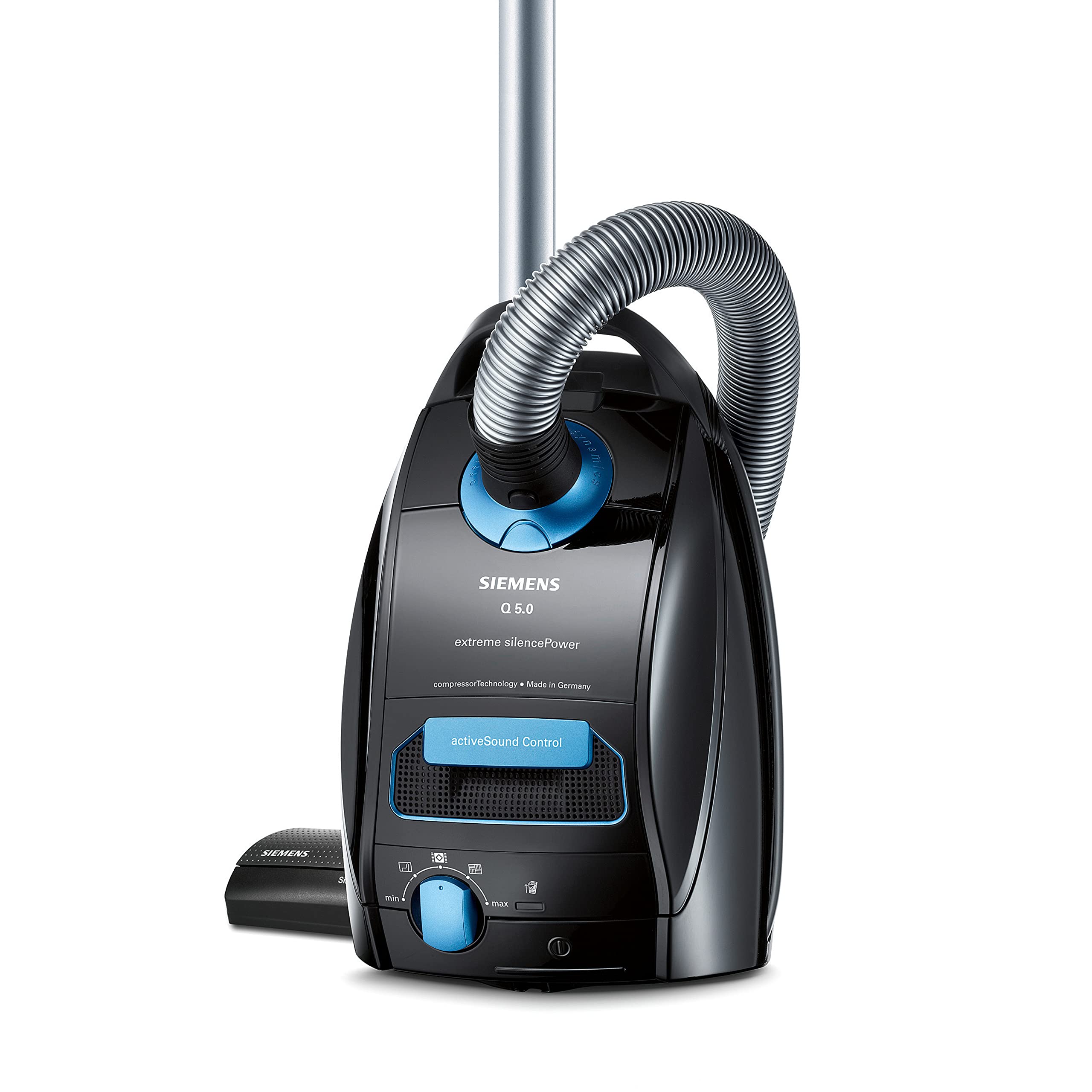 جاروبرقی کیسه‌ای زیمنس VSQ5X1230 Q5.0 Extreme SilencePower، ایده‌آل برای افراد مبتلا به آلرژی، فیلتر بهداشتی، مکش قوی، نازل کف برای پارکت، فرش و کاشی، کابل بلند، 850 وات، مشکی