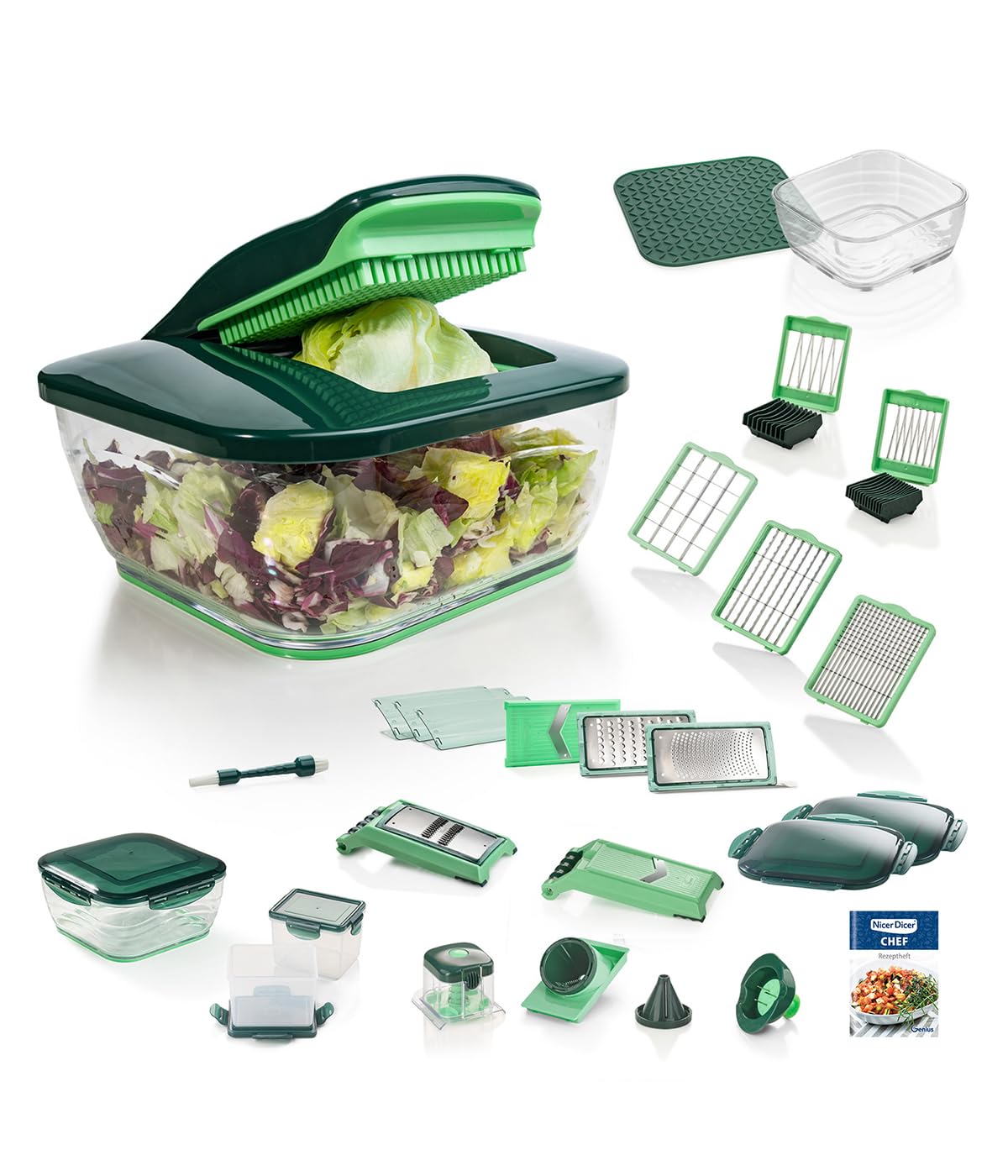 سبزیجات برش حرفه ای چند منظوره Genius Nicer Dicer Chef 34 در 1 با کاسه شیشه ای و گوجه فرنگی | پاستا، برش، نوار، مارپیچ، ژولین
