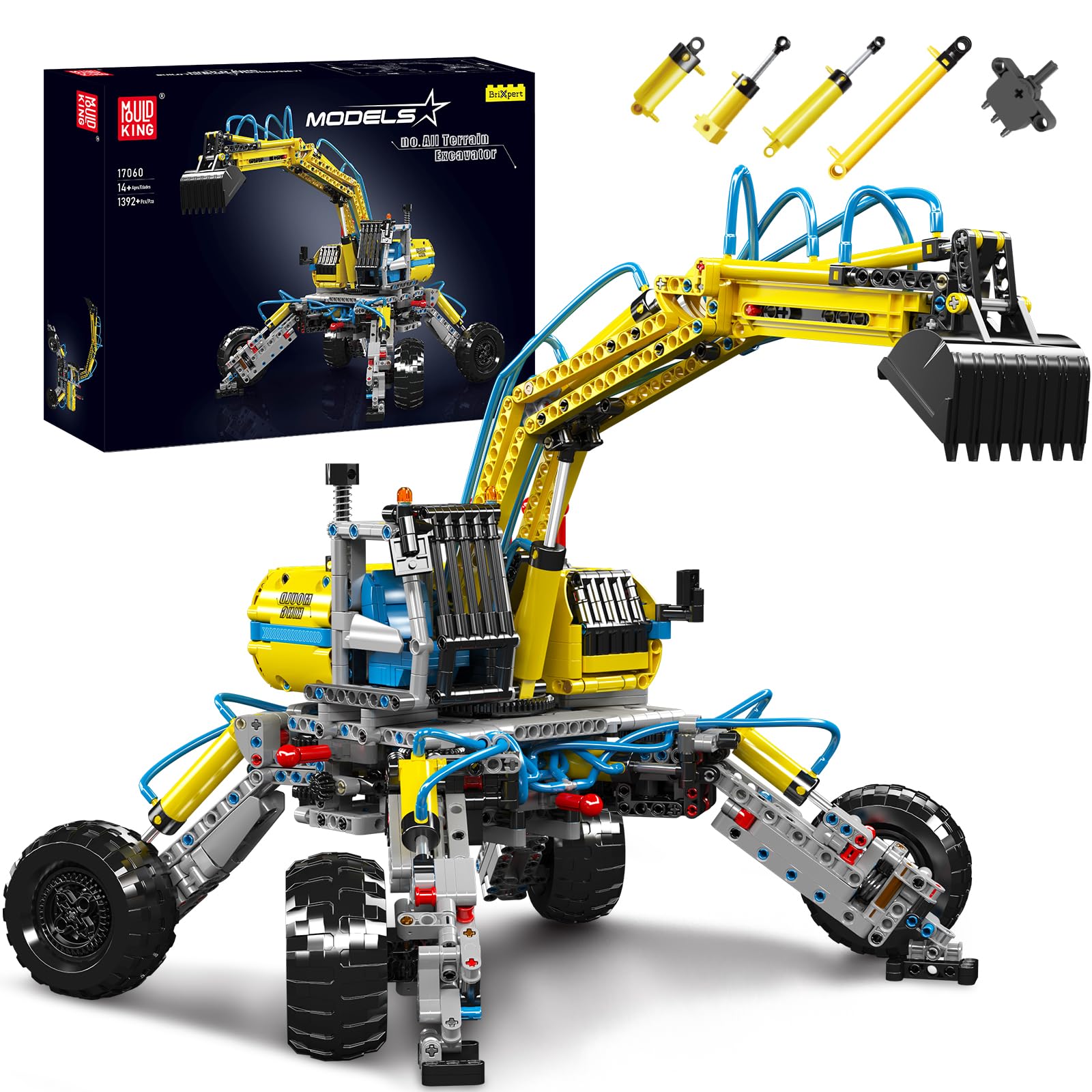 بلوک های ساختمانی بیل مکانیکی تکنیکی Mold King 17060، مدل بیل مکانیکی پنوماتیک تمام زمینی 1392 قطعه، کیت مونتاژ بلوک های در هم تنیده بیل مکانیکی بیل مکانیکی هدیه برای پسران و دختران 14 سال به بالا