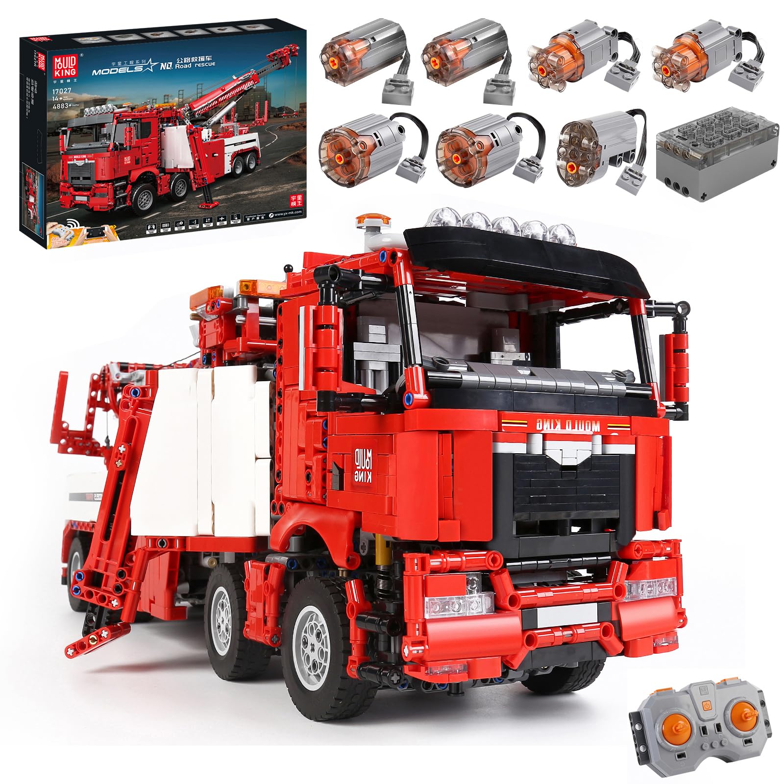 Mold King 17027 Technic Fire Engine Truck, 4883 Pieces 2.4G Remote and App Dual Control Truck Mobile, Technic Large Crane Truck Building Blocks Construction Kits Toy برای 8+ سال