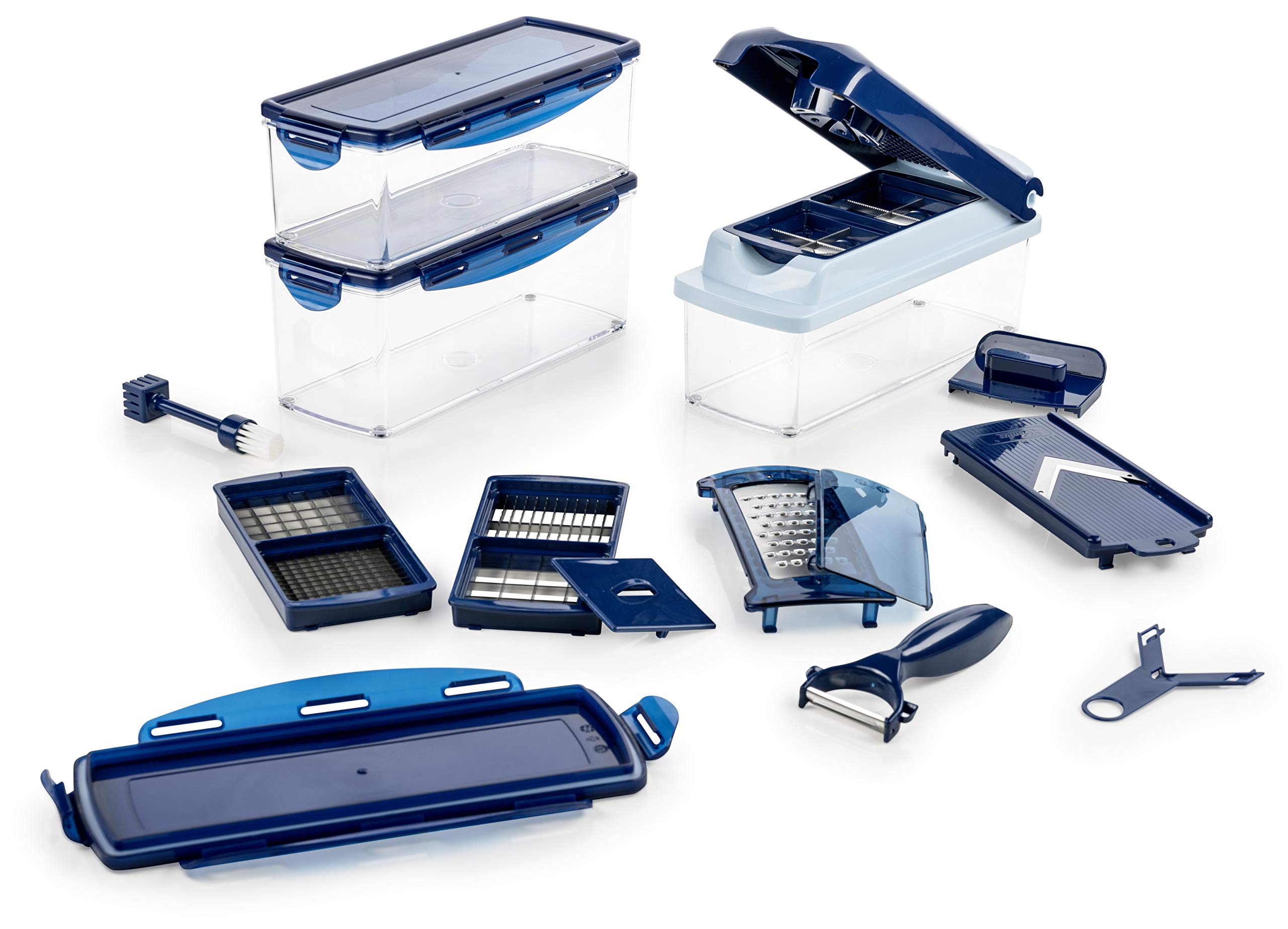 Genius Nicer Dicer Plus (18 عدد) به رنگ آبی یاقوت کبود - میوه برش، پیاز خرد کن، کاتر سرخ کردنی، کاتر گوجه فرنگی، کاتر سبزیجات - تاس، چوب، برش، نوار