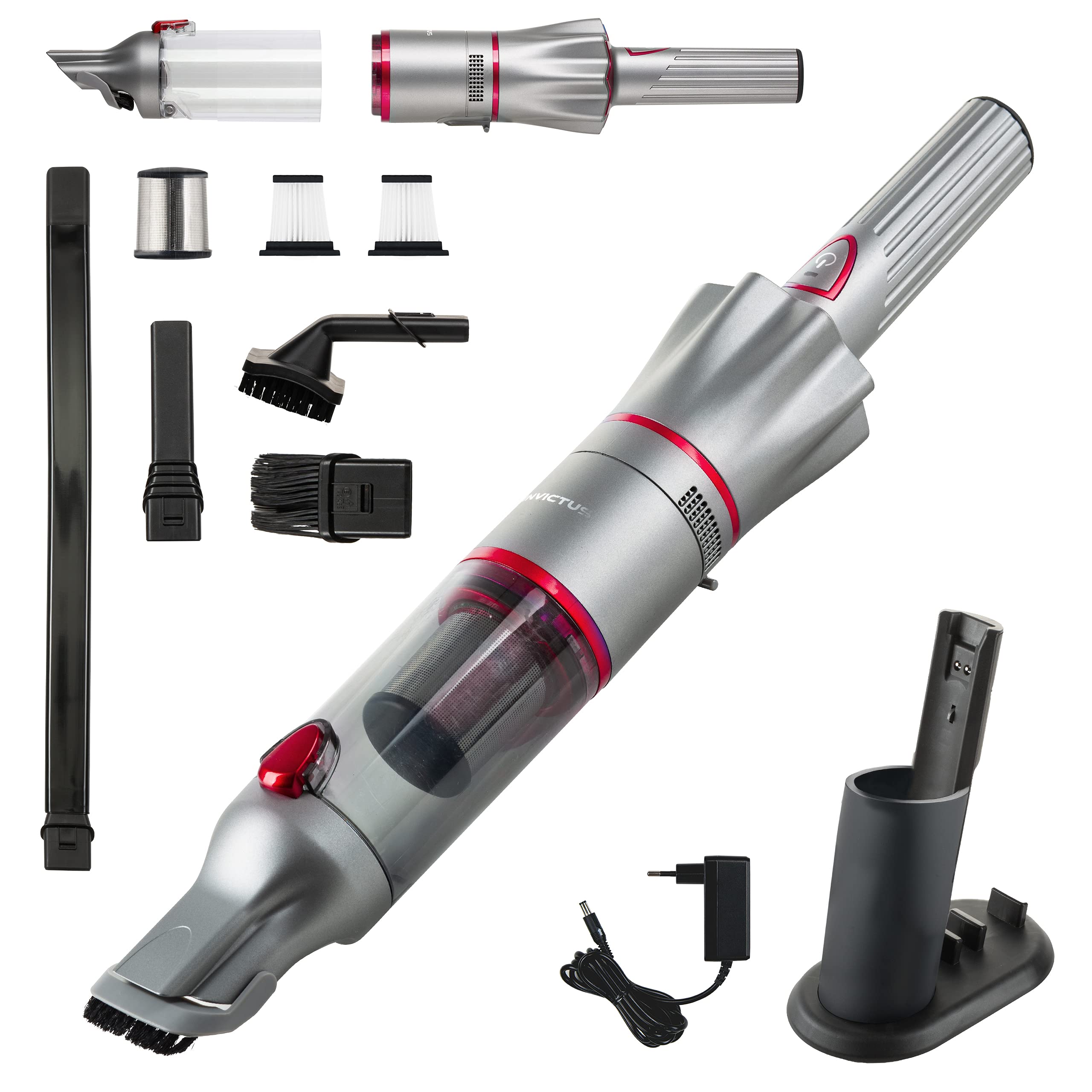 جاروبرقی دستی Genius A82120، Invictus One 2.0 + جاروبرقی کف جاروبرقی 12 تکه قرمز دستی بدون کیسه و شارژی با 13000PA | 2 عدد فیلتر HEPA، یون لیتیوم، 90 وات، 76 دسی بل