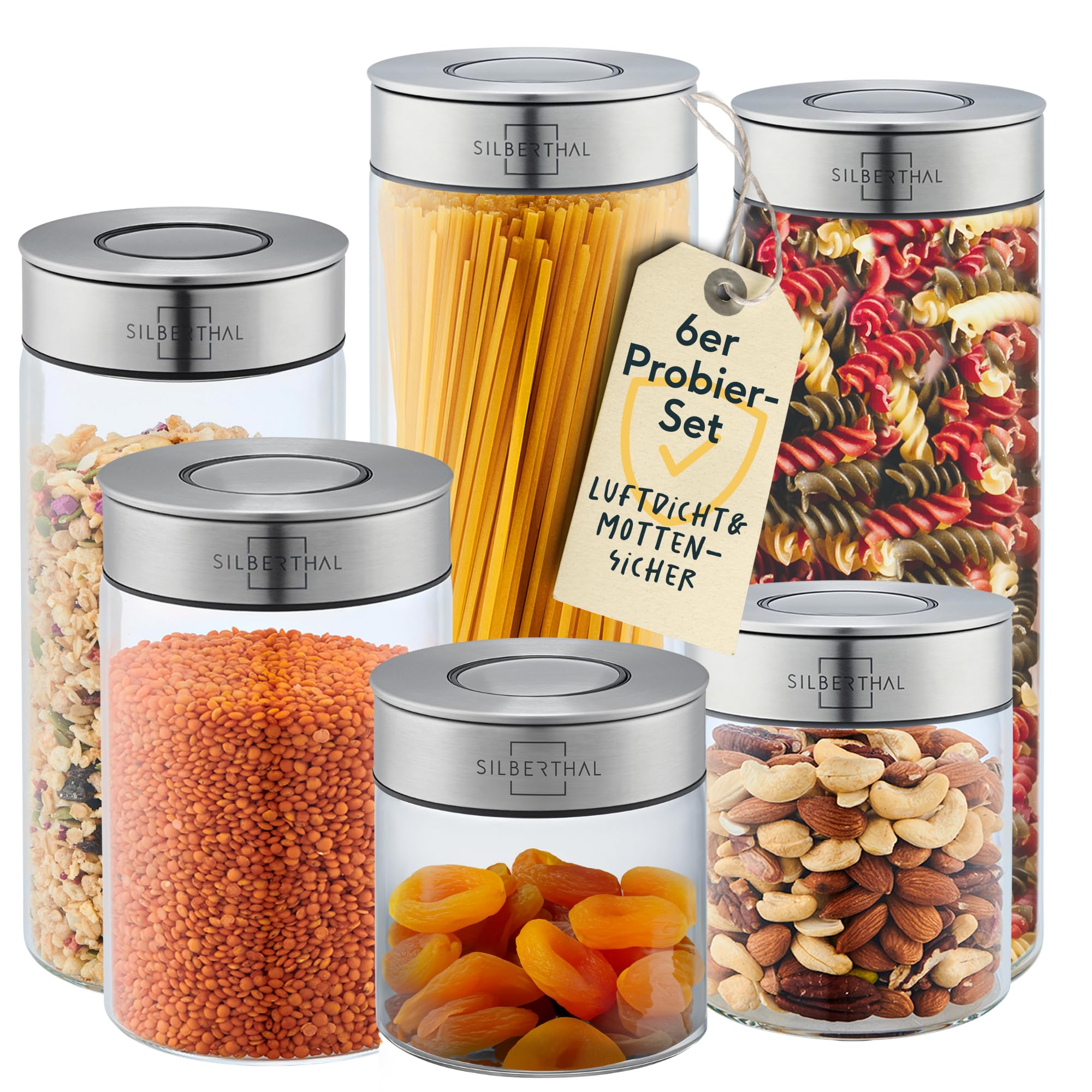 شیشه‌های نگهداری سیلبرتال آلمان با درب، مجموعه 6 عددی - ظروف نگهداری ضد بید برای نگهداری در آشپزخانه دربسته و ضد نشت